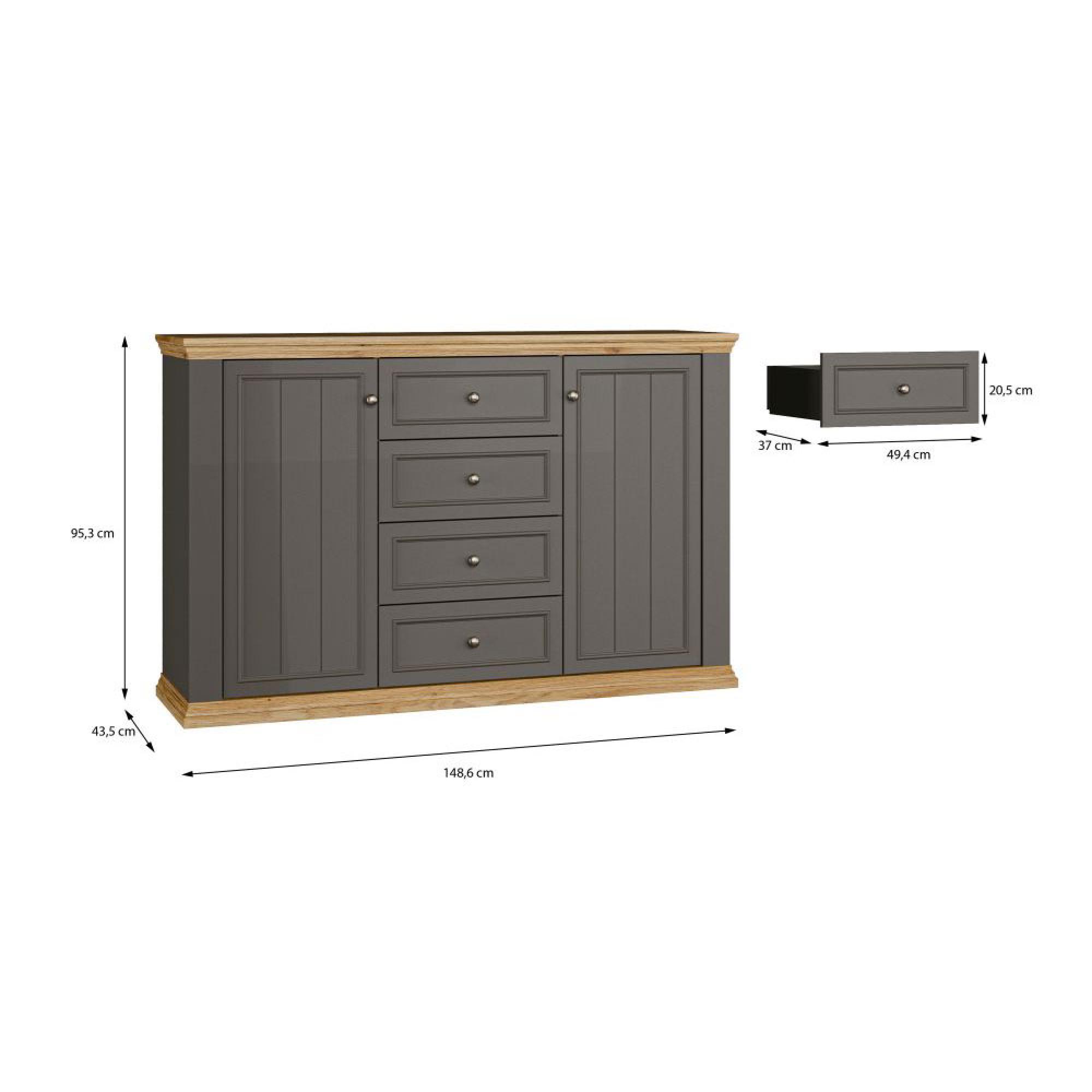 Pontypool Sideboard - 2 Door - 4 Drawer - Medium - Dark Grey and Light Oak