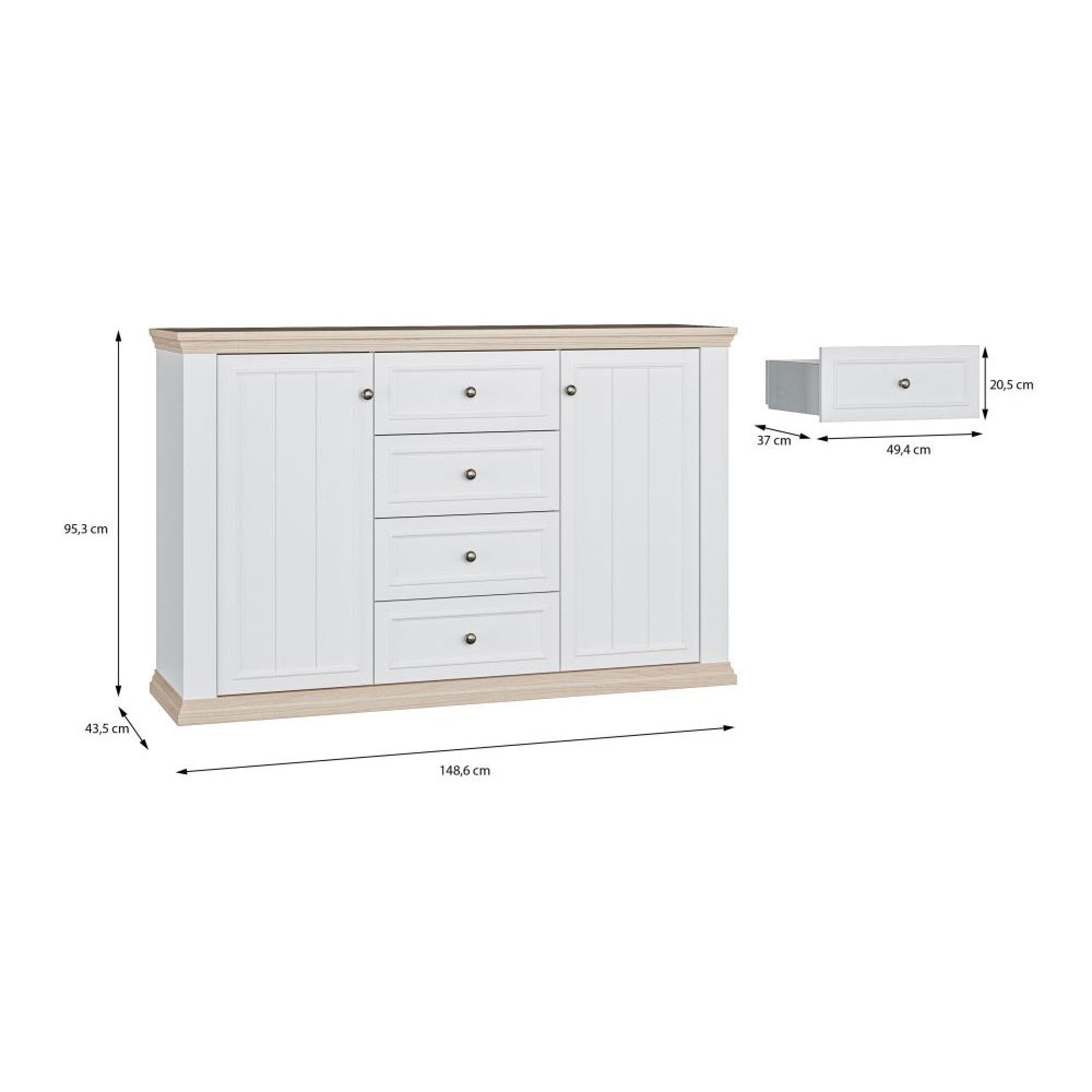 Pontypool Sideboard - 2 Door - 4 Drawer - Medium - White and Riva Oak
