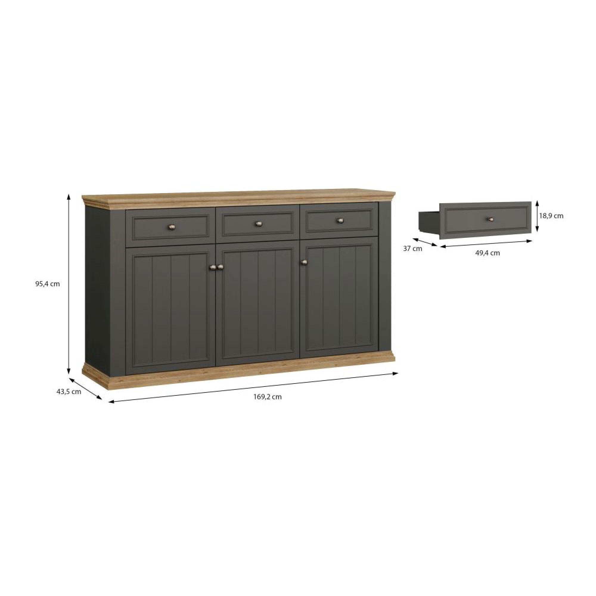 Pontypool Sideboard - 3 Door - 3 Drawer - Large - Dark Grey and Light Oak