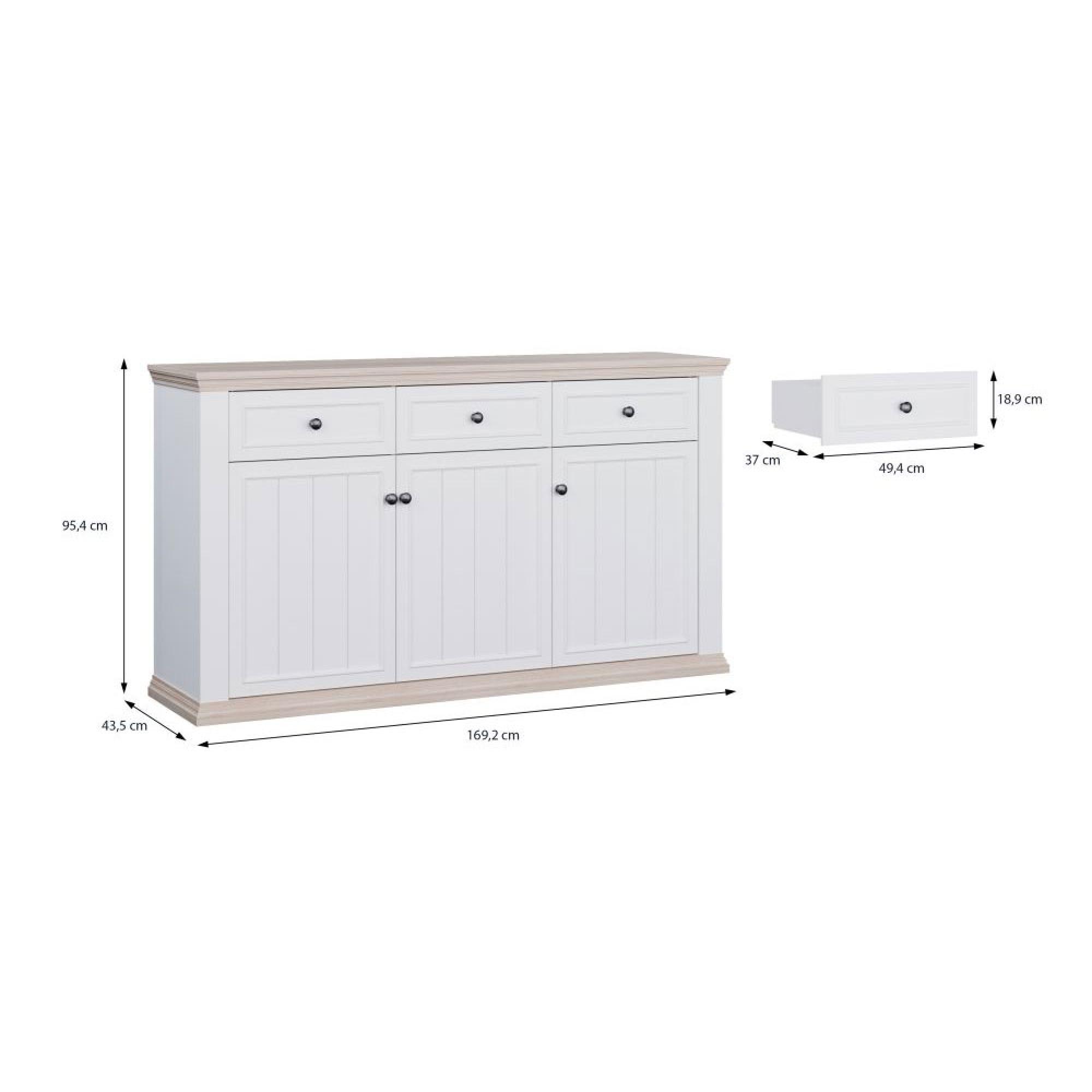 Pontypool Sideboard - 3 Door - 3 Drawer - Large - White and Riva Oak