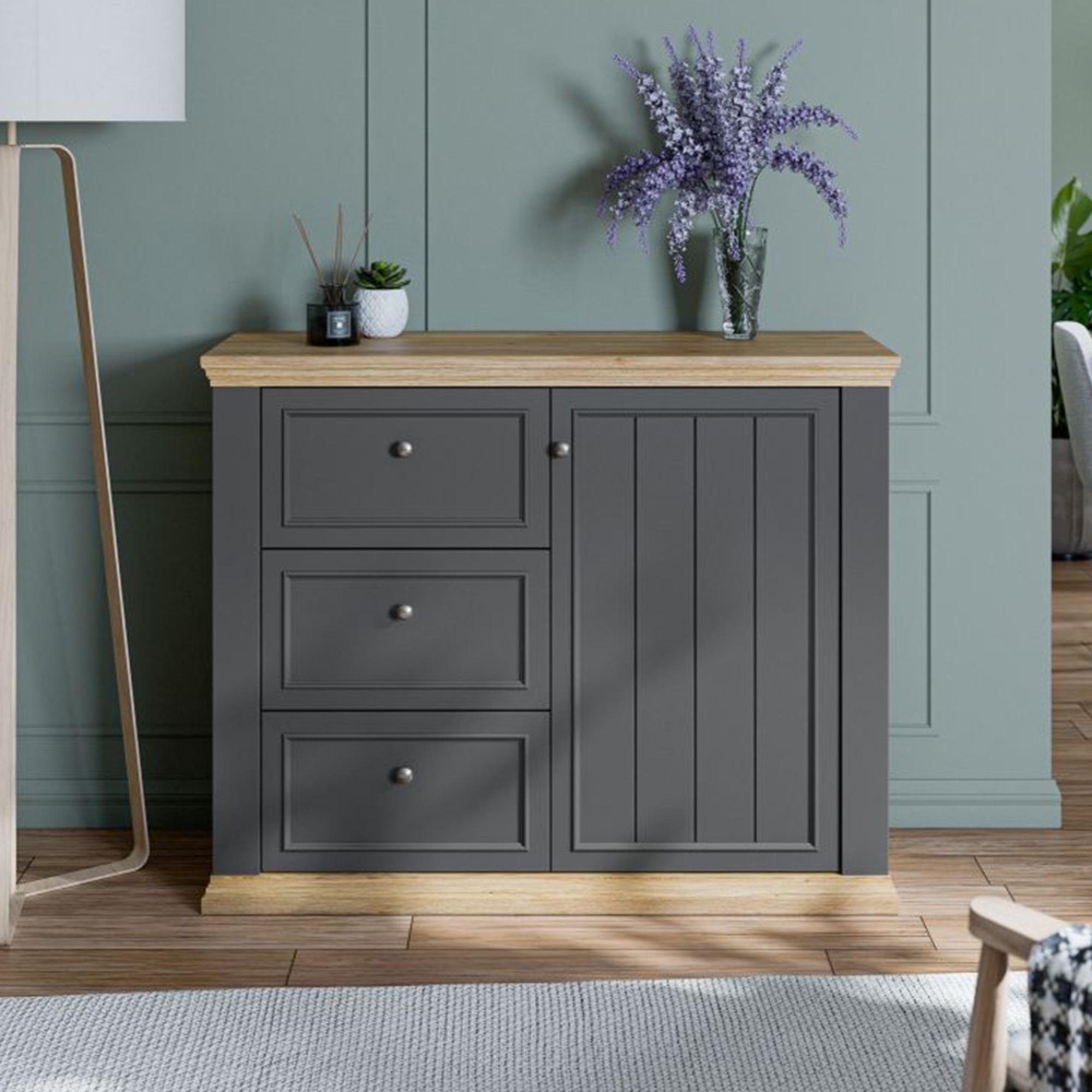 Pontypool Sideboard - 1 Door - 3 Drawer - Dark Grey and Light Oak