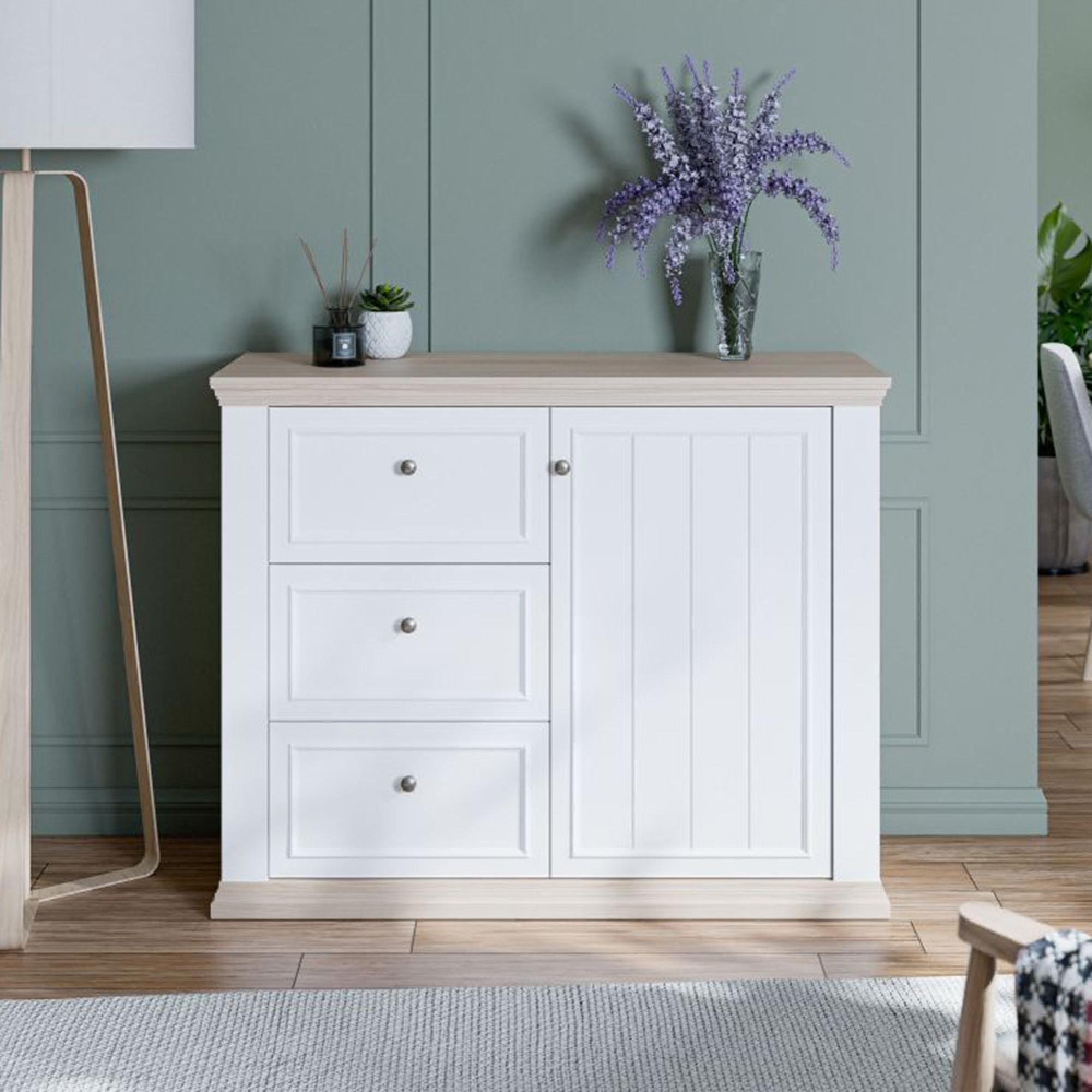 Pontypool Sideboard - 1 Door - 3 Drawer - White and Riva Oak