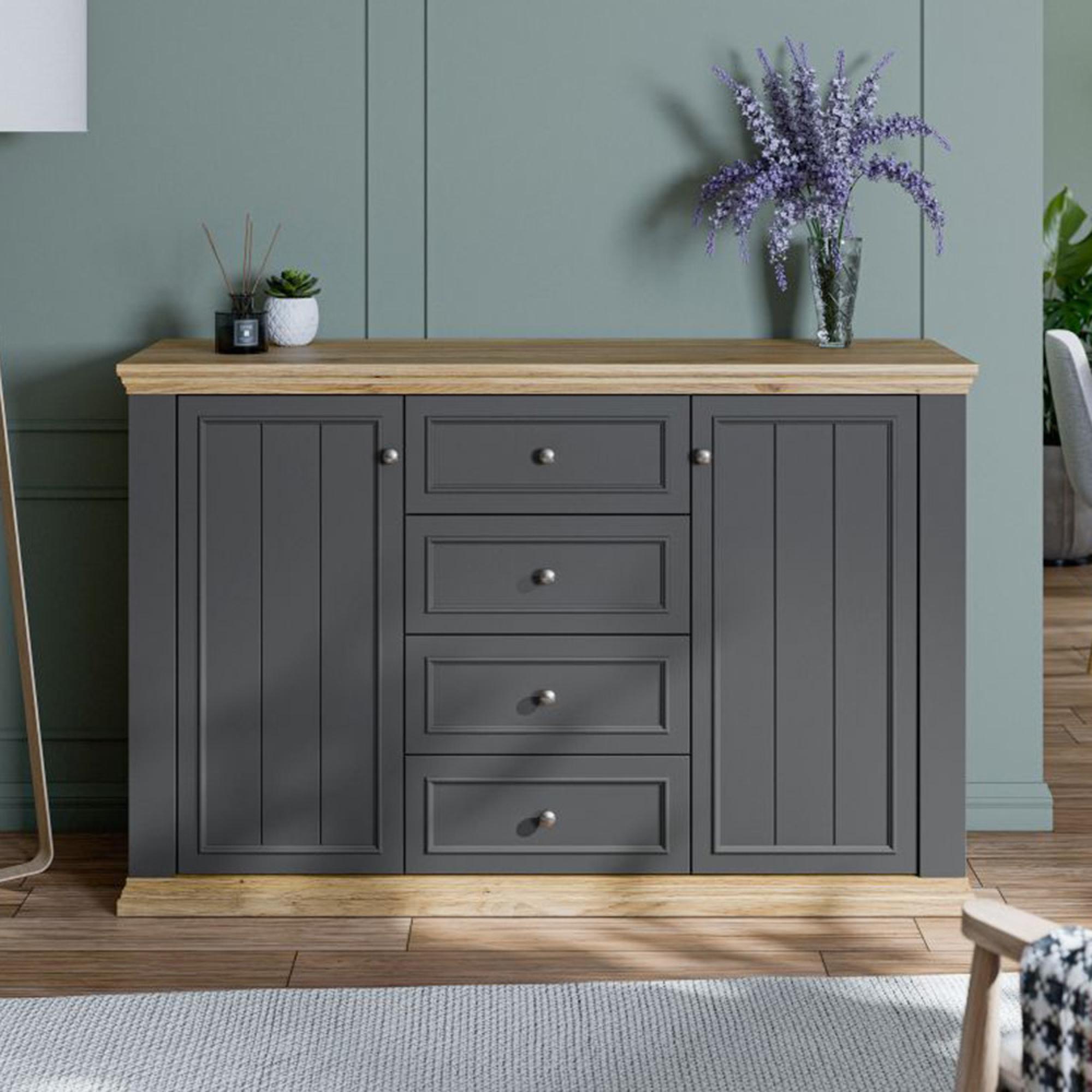 Pontypool Sideboard - 2 Door - 4 Drawer - Medium - Dark Grey and Light Oak
