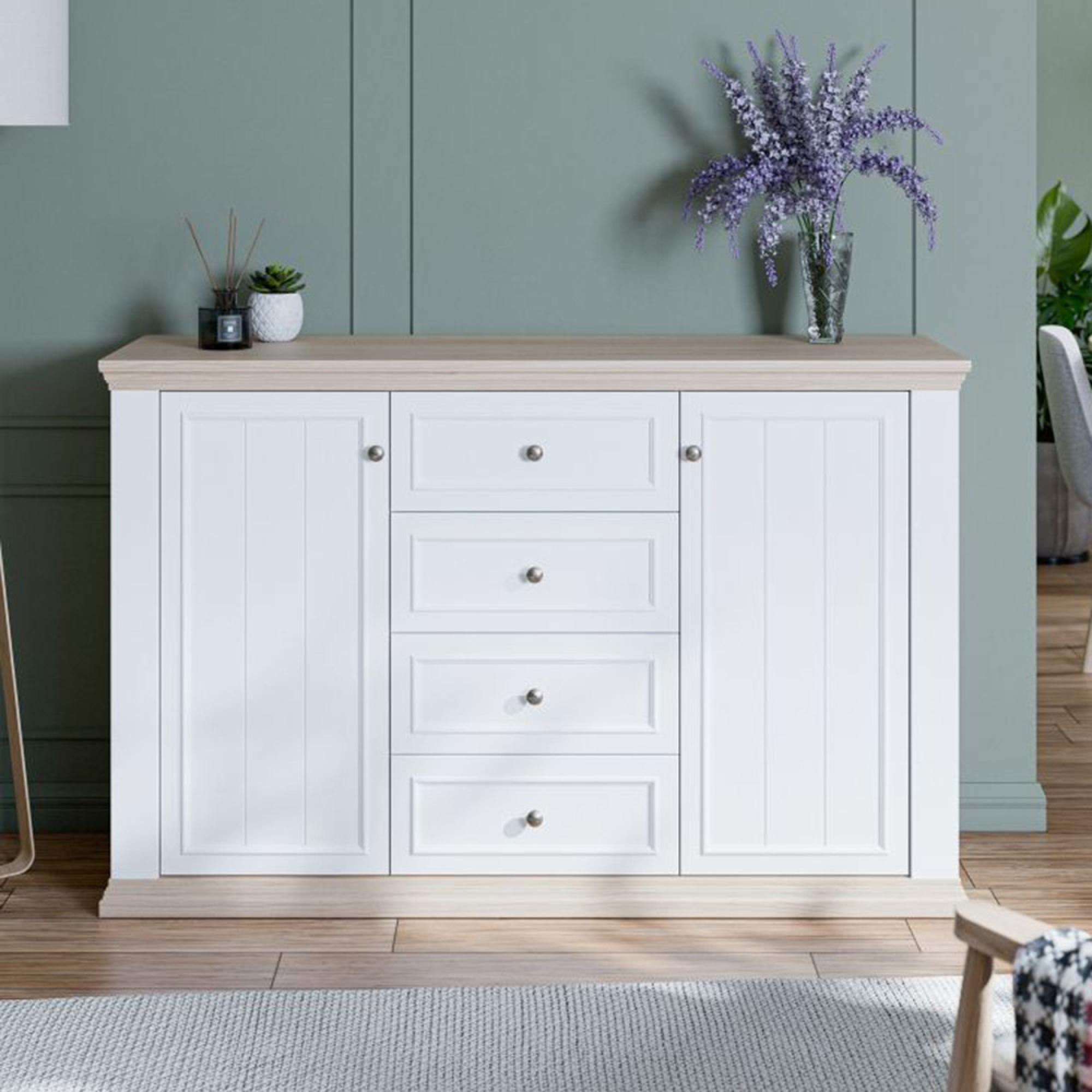 Pontypool Sideboard - 2 Door - 4 Drawer - Medium - White and Riva Oak