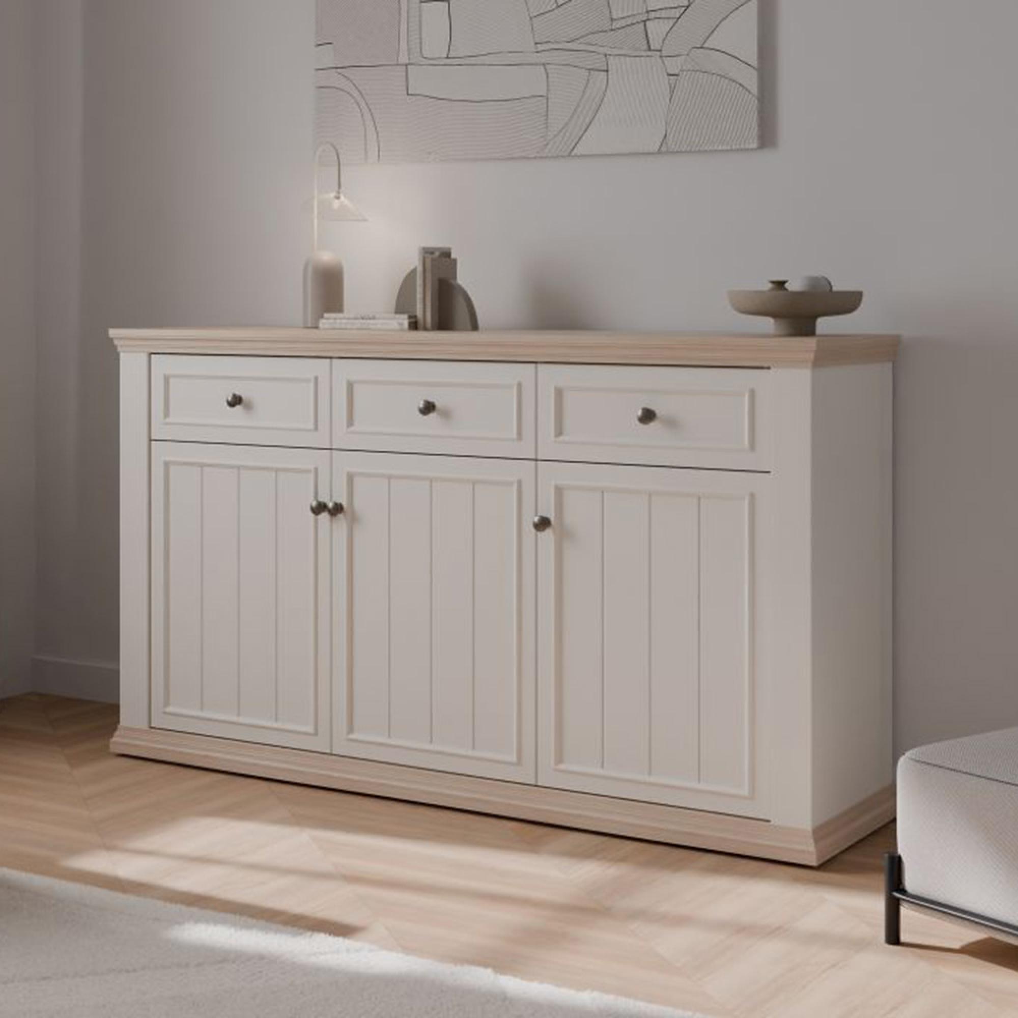 Pontypool Sideboard - 3 Door - 3 Drawer - Large - White and Riva Oak