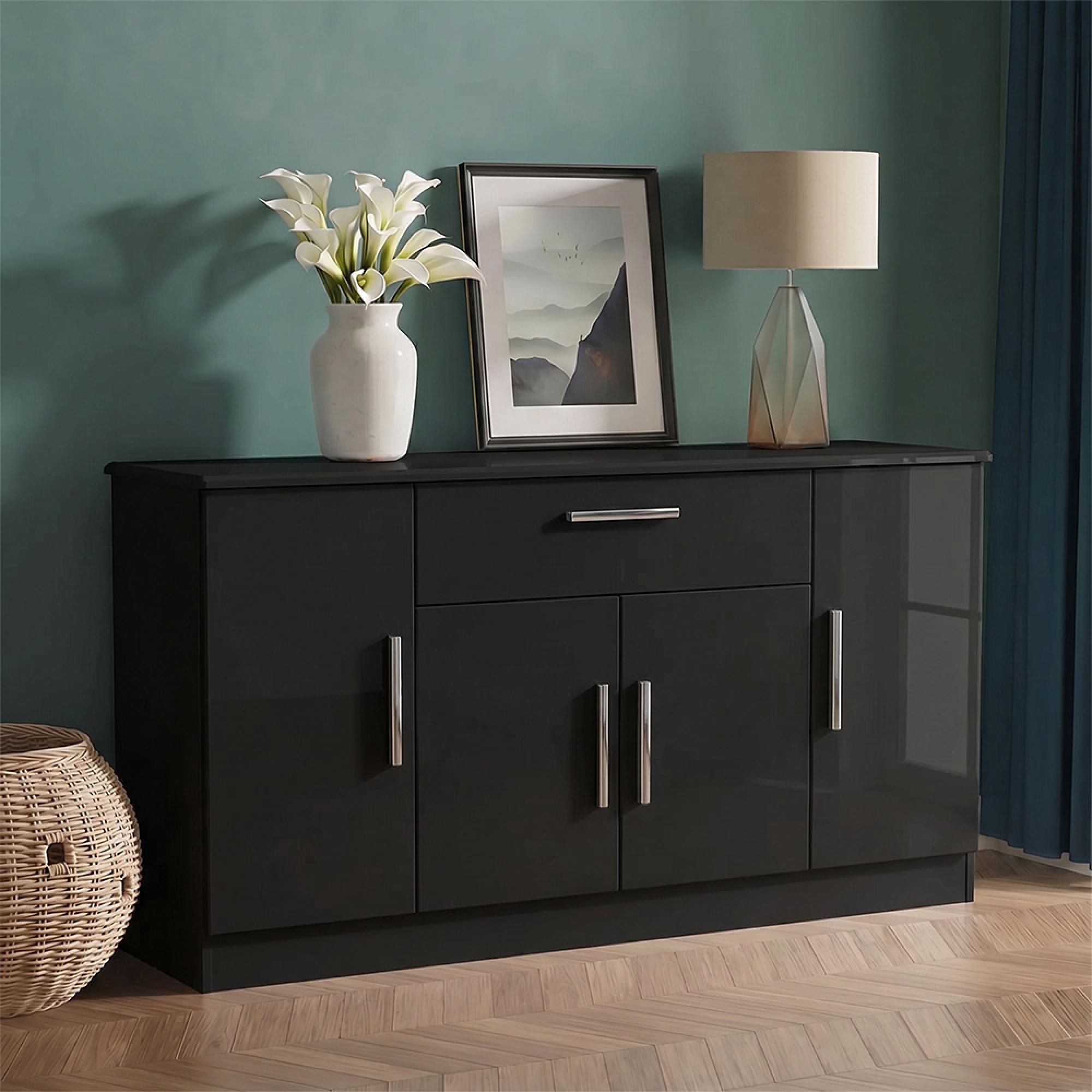 Knightsbridge Sideboard - Wide - 4 Doors - Gloss Black