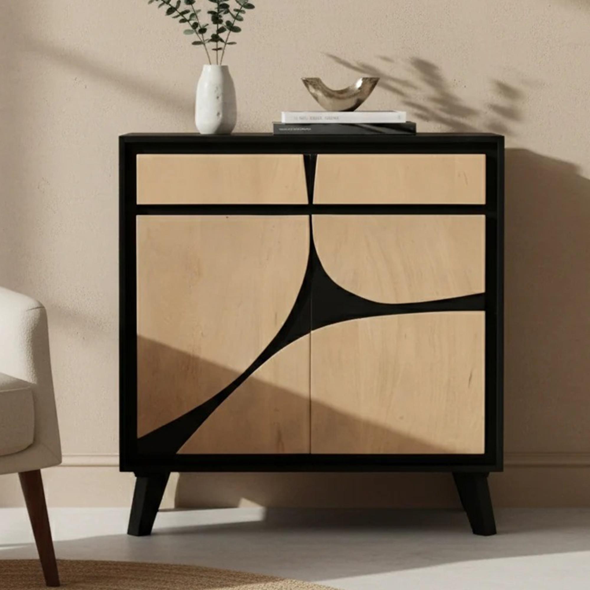 Boho Sideboard - 2 Door - 2 Drawer - 85cm - Compact - Geometric Design - Natural and Black - Mango Wood