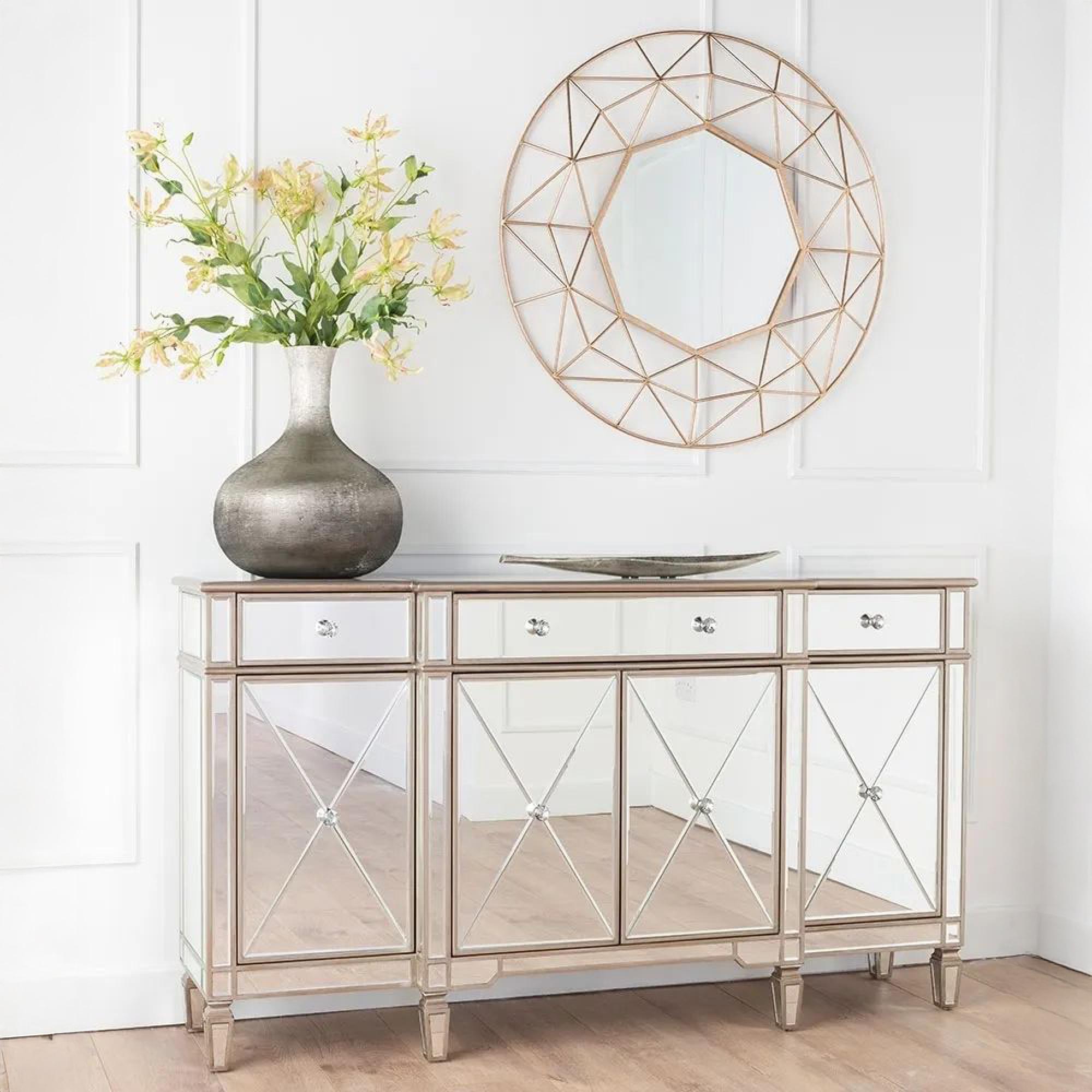 Antoinette Large Sideboard - 160cm - 4 Door - Mirrored - Champagne Trim