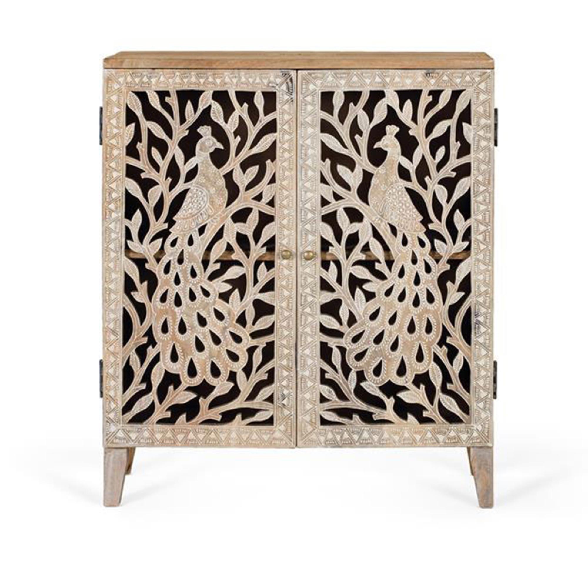 Bari Sideboard - Natural Mango Wood - Carved - 2 Door - Small - 66cm