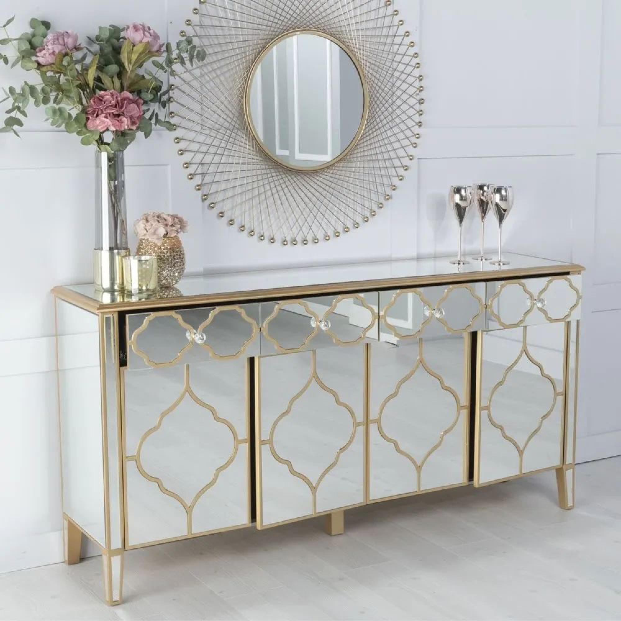 Casablanca Large Sideboard - 170cm - 4 Door - Mirrored - Gold Trim