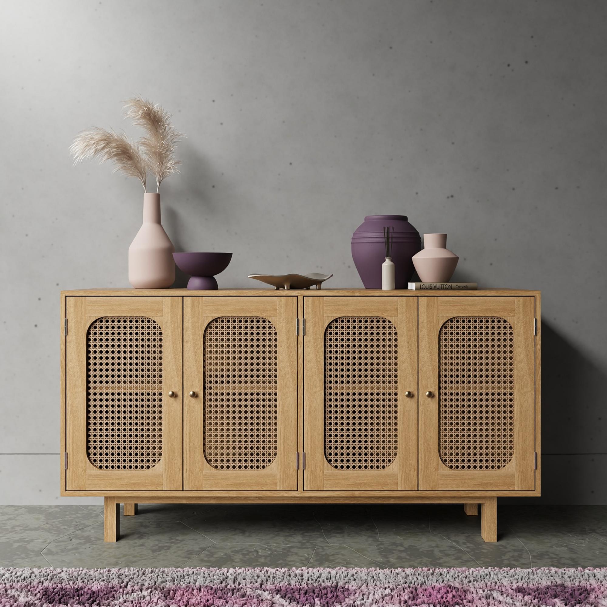 Clearance - Retro Wood and Rattan Sideboard - 4 Doors