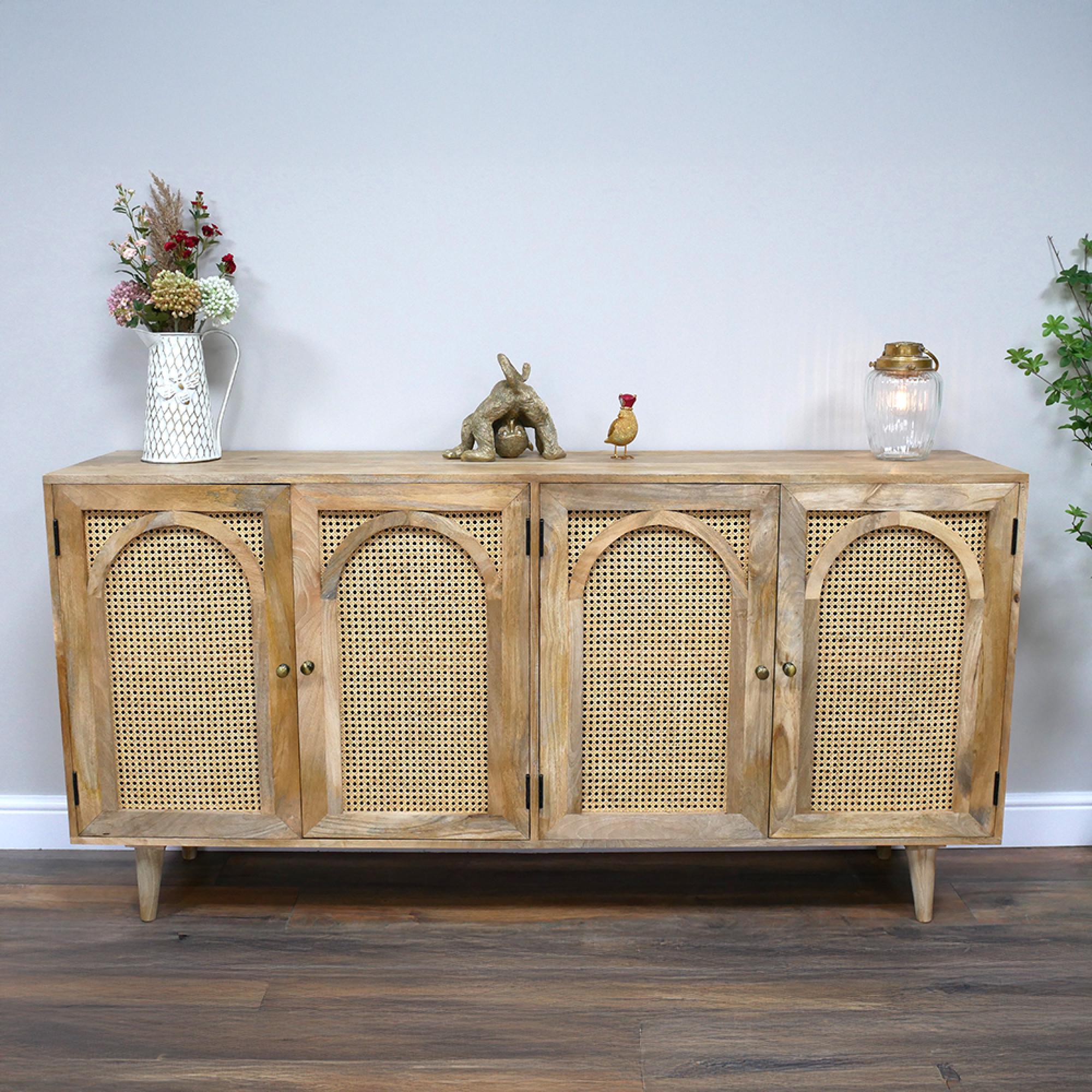 Sideboard - Acacia Wood and Rattan - 4 Door - Extra Large - 180cm