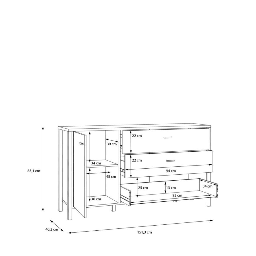 High Rock Sideboard - 1 Door - 3 Drawer - Medium - Oak
