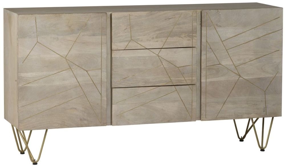 Kaza Light Mango Wood 160cm Large Sideboard - Hairpin Legs with Gold Geometric Inlay