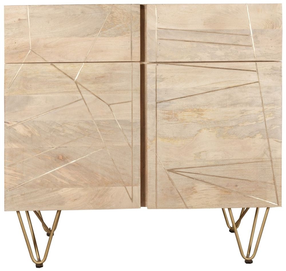 Kaza Light Mango Wood 90cm Small Sideboard - Hairpin Legs with Gold Geometric Inlay