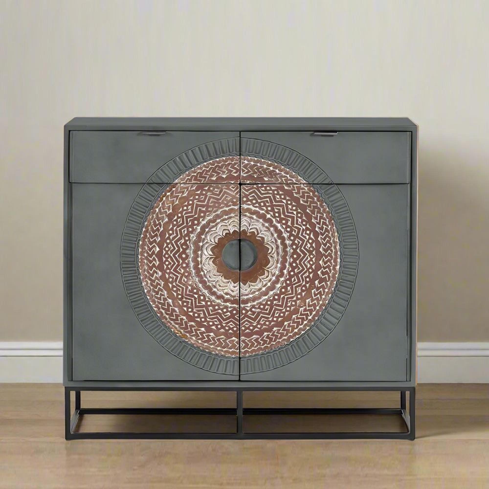 Lytton Sideboard - Grey Carved Mango Wood - Small - 2 Door - 100cm