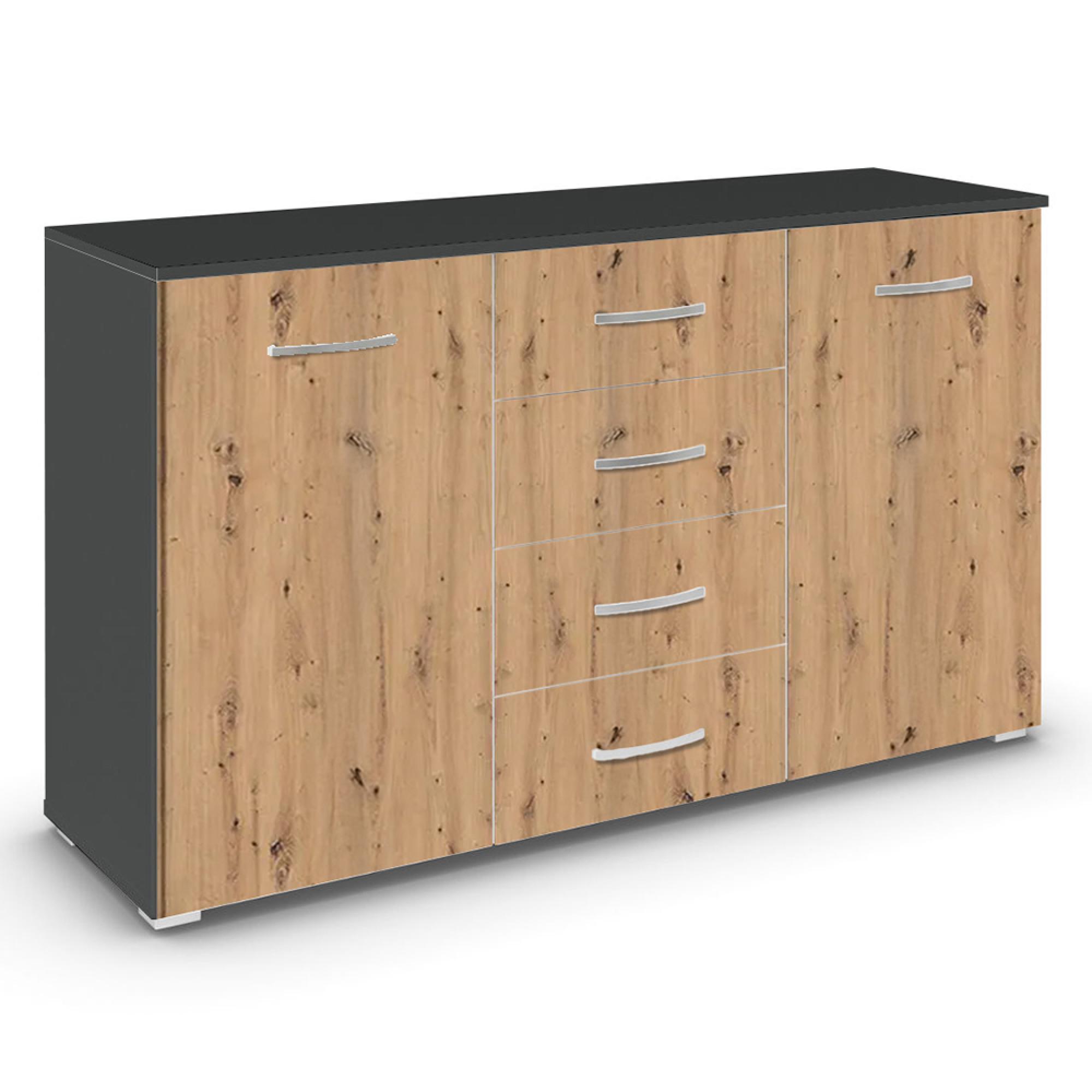 Rauch Aditio 2 Door Medium Sideboard with 4 Drawer - 120cm - Metallic Dark Grey and Artisan Oak