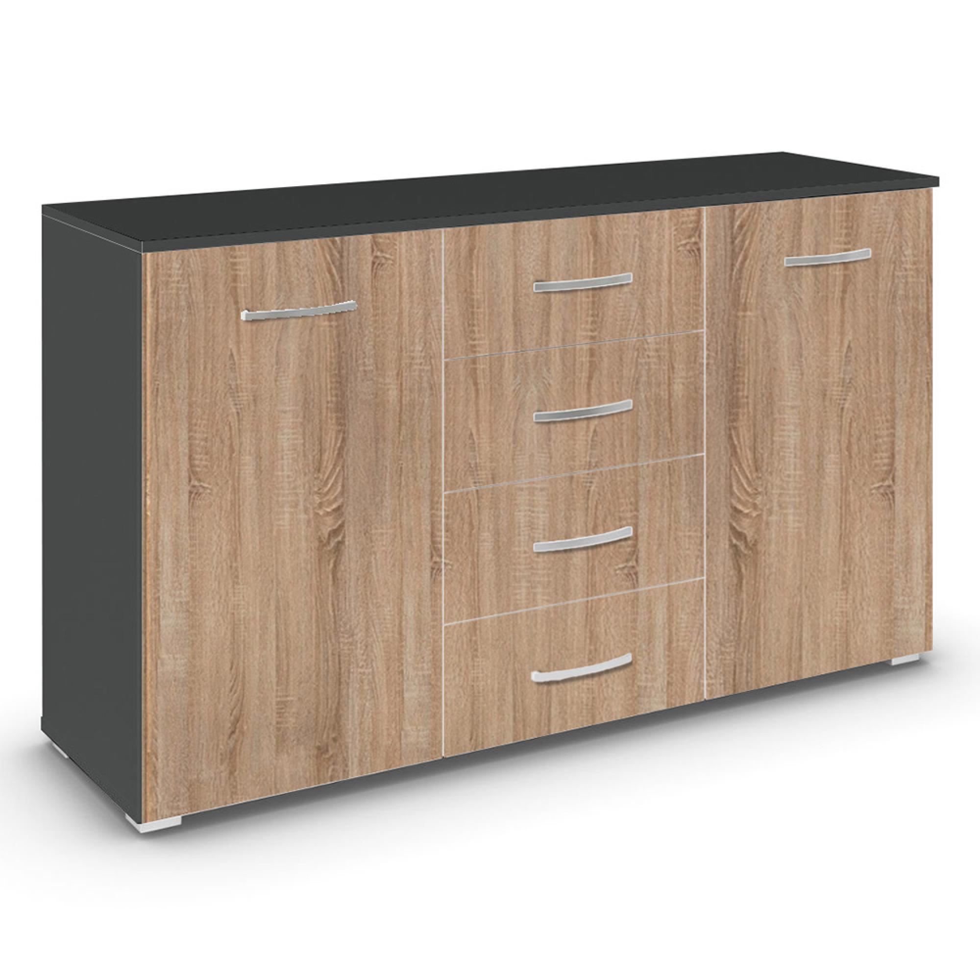 Rauch Aditio 2 Door Medium Sideboard with 4 Drawer - 120cm - Metallic Dark Grey and Sonoma Oak