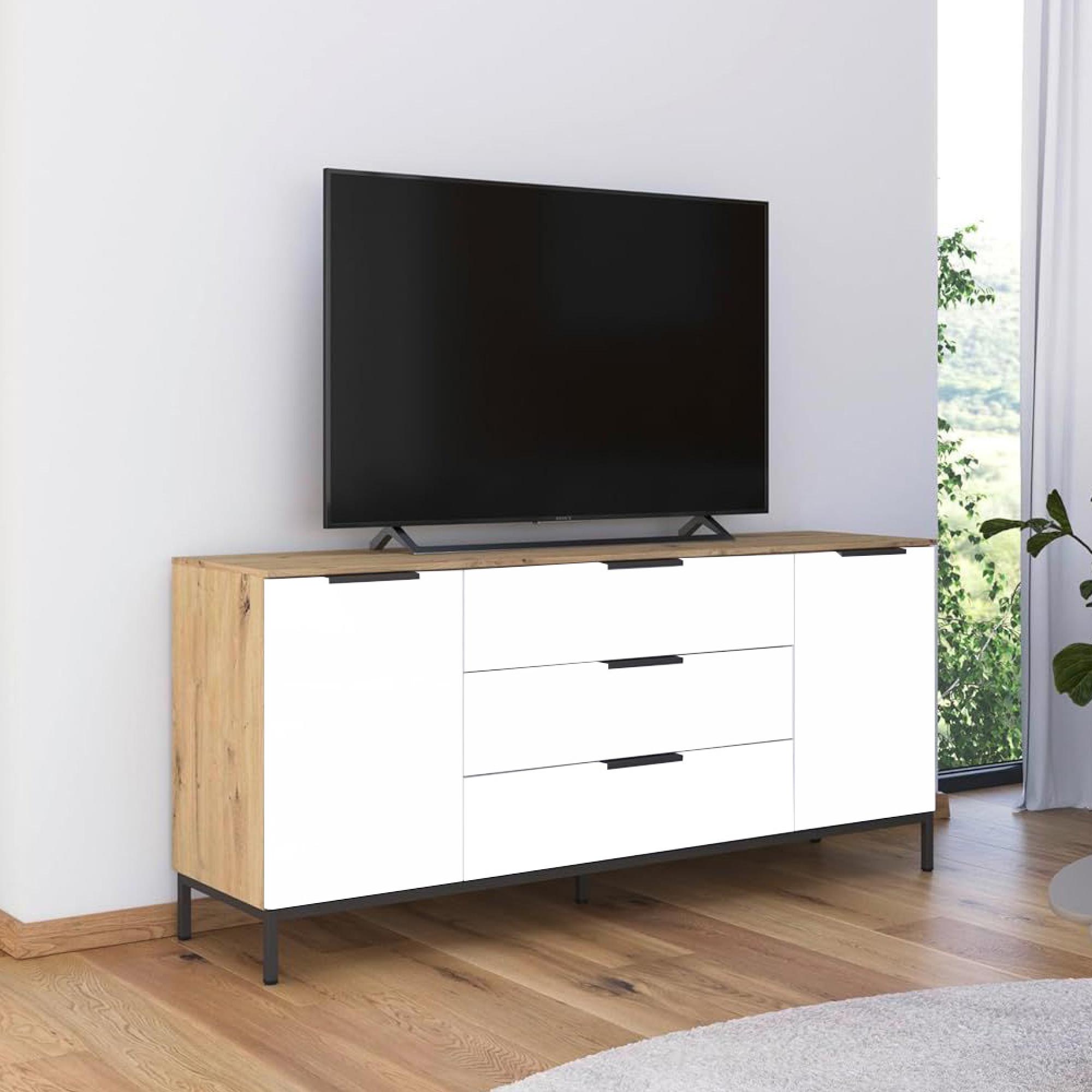 Rauch Flipp 2 Door Low Sideboard with Metal Base - 160cm - Artisan Oak and Alpine White