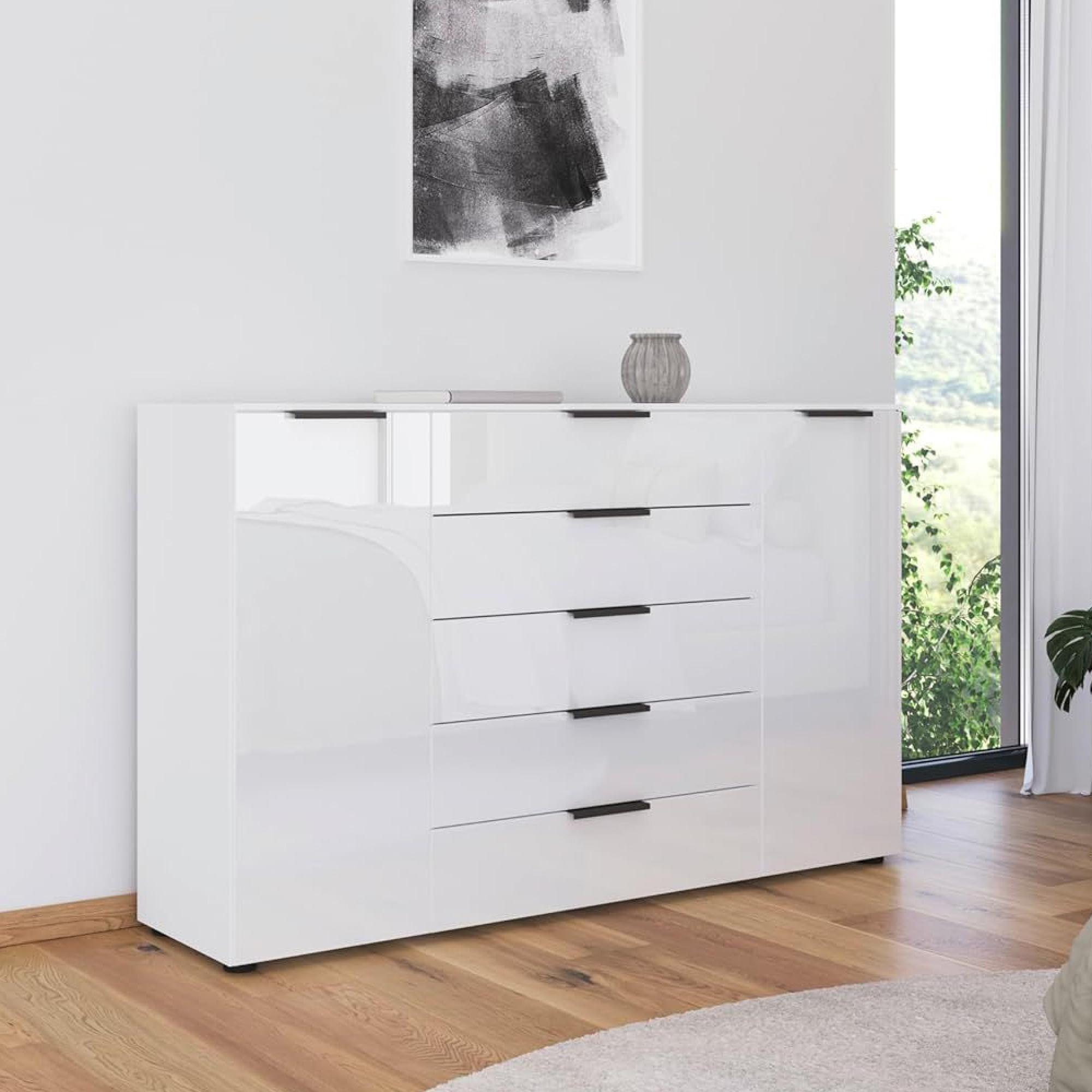 Rauch Flipp 2 Door Sideboard with Adjustable Height - 160cm - Alpine White and White Glass