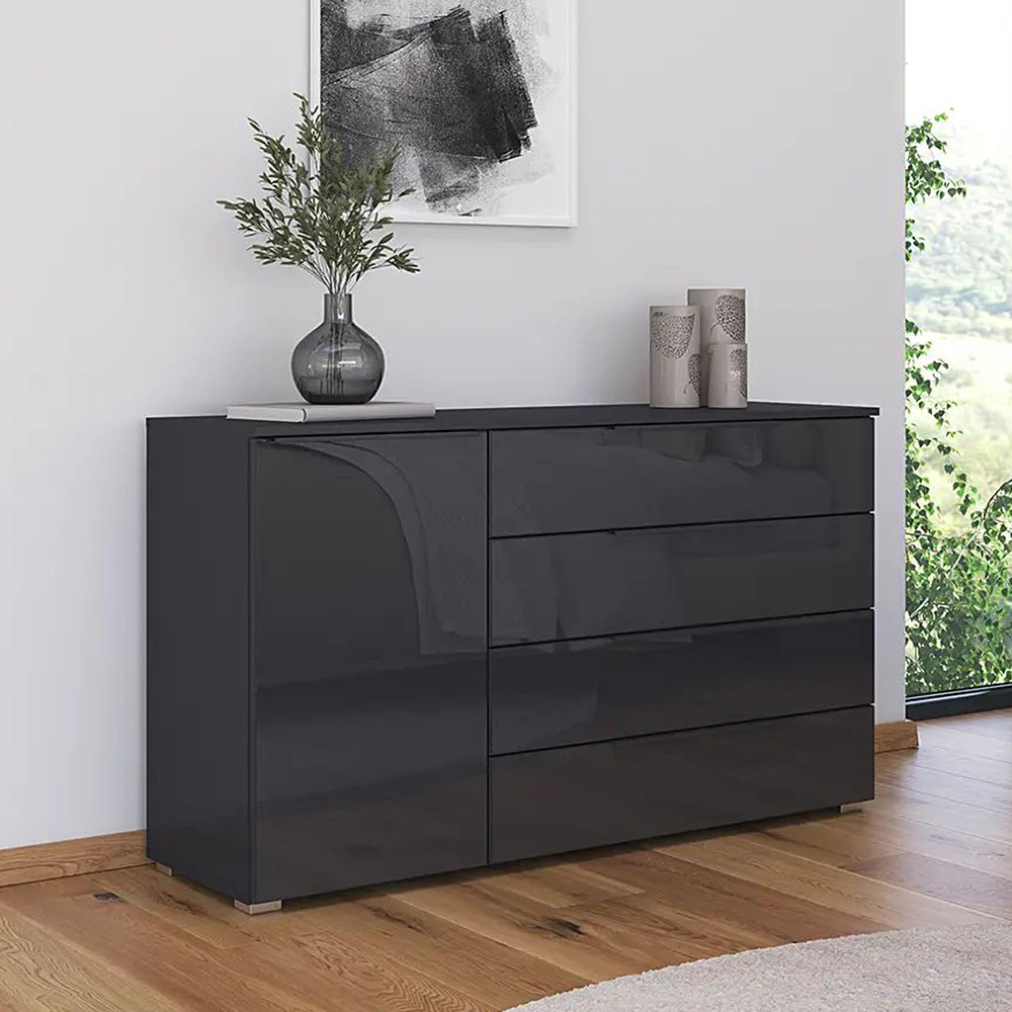 Rauch Monostar 1 Door Wide Sideboard - 120cm - Metallic Dark Grey with Basalt Glass