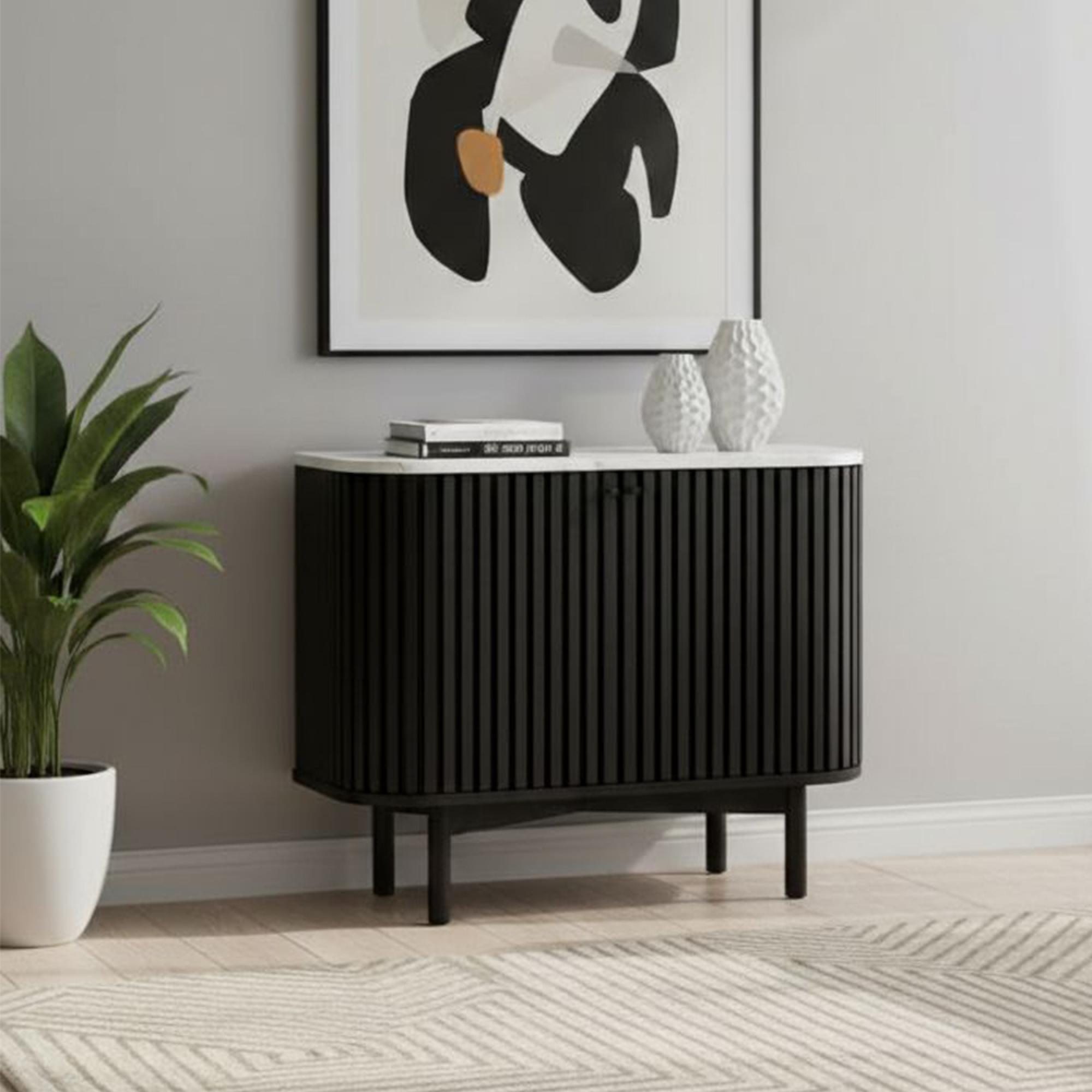 Soho Black Sideboard - 2 Door - Slatted Small - 93cm - White Marble Top