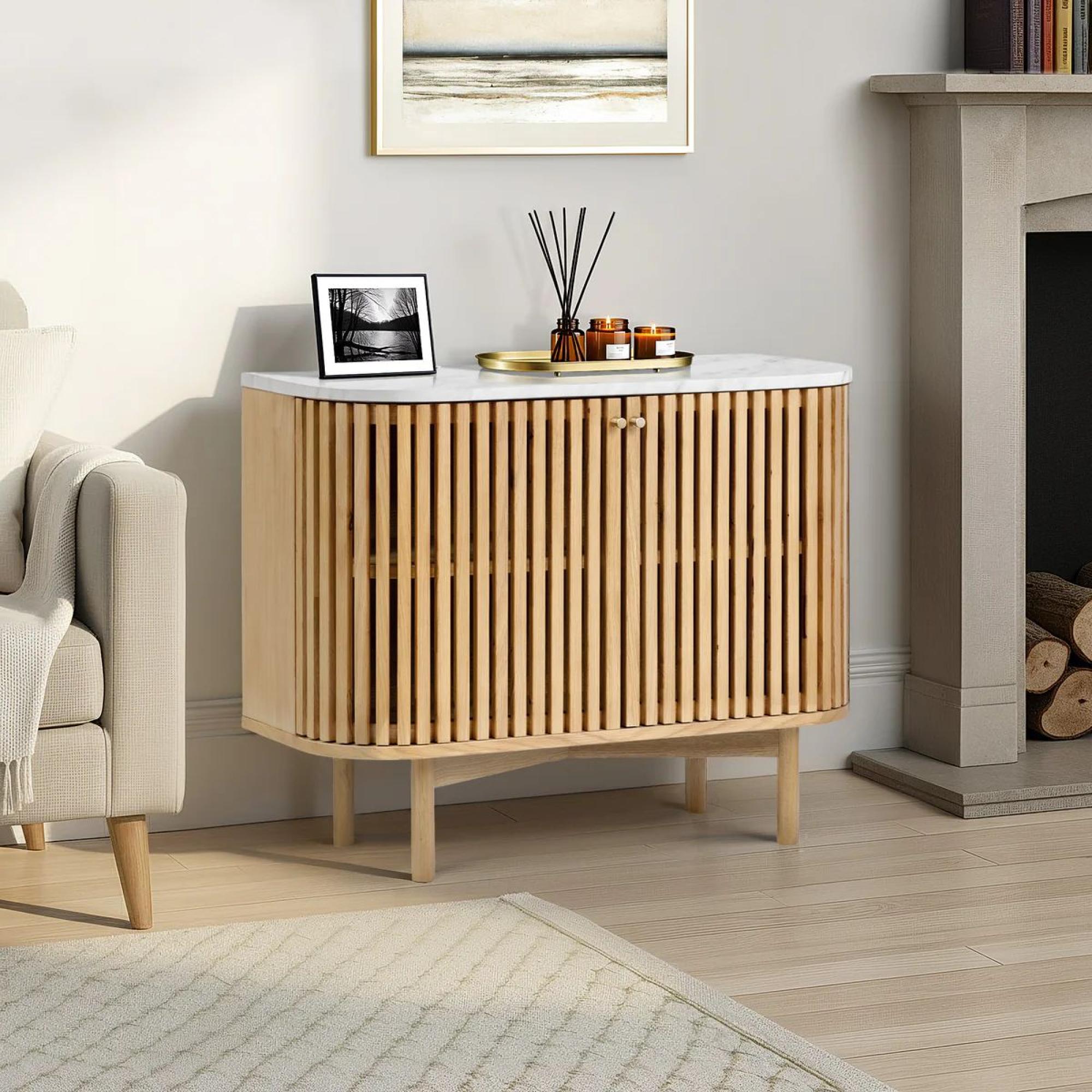 Soho Oak Small Sideboard - 2 Door - Slatted - White Marble Top