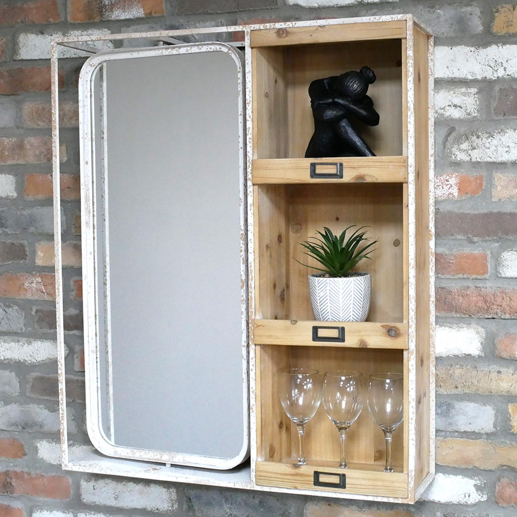 Mirror - Wood and White Metal - with Shelves
