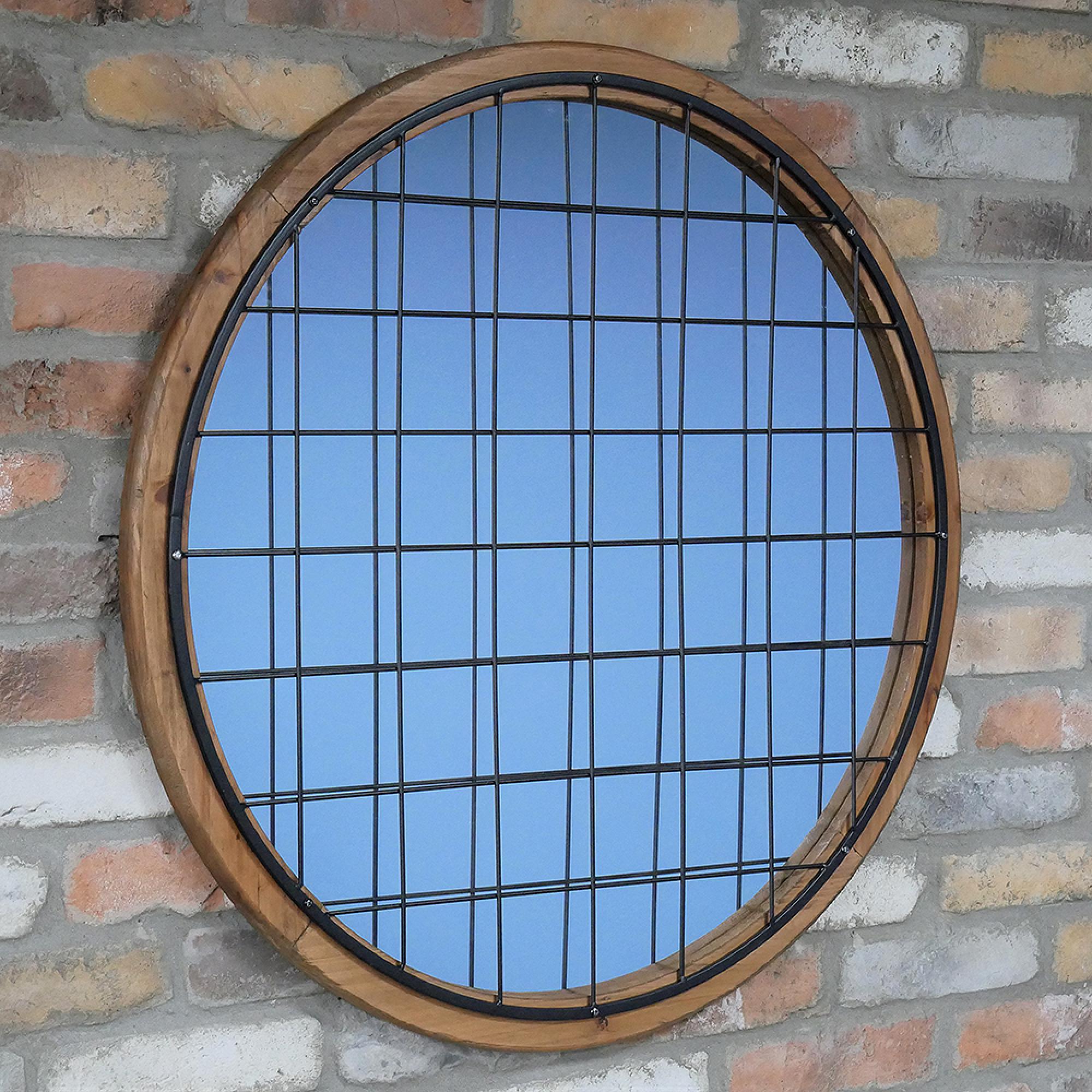 Wall Mirror - Round - Fir Wood and Metal Grid