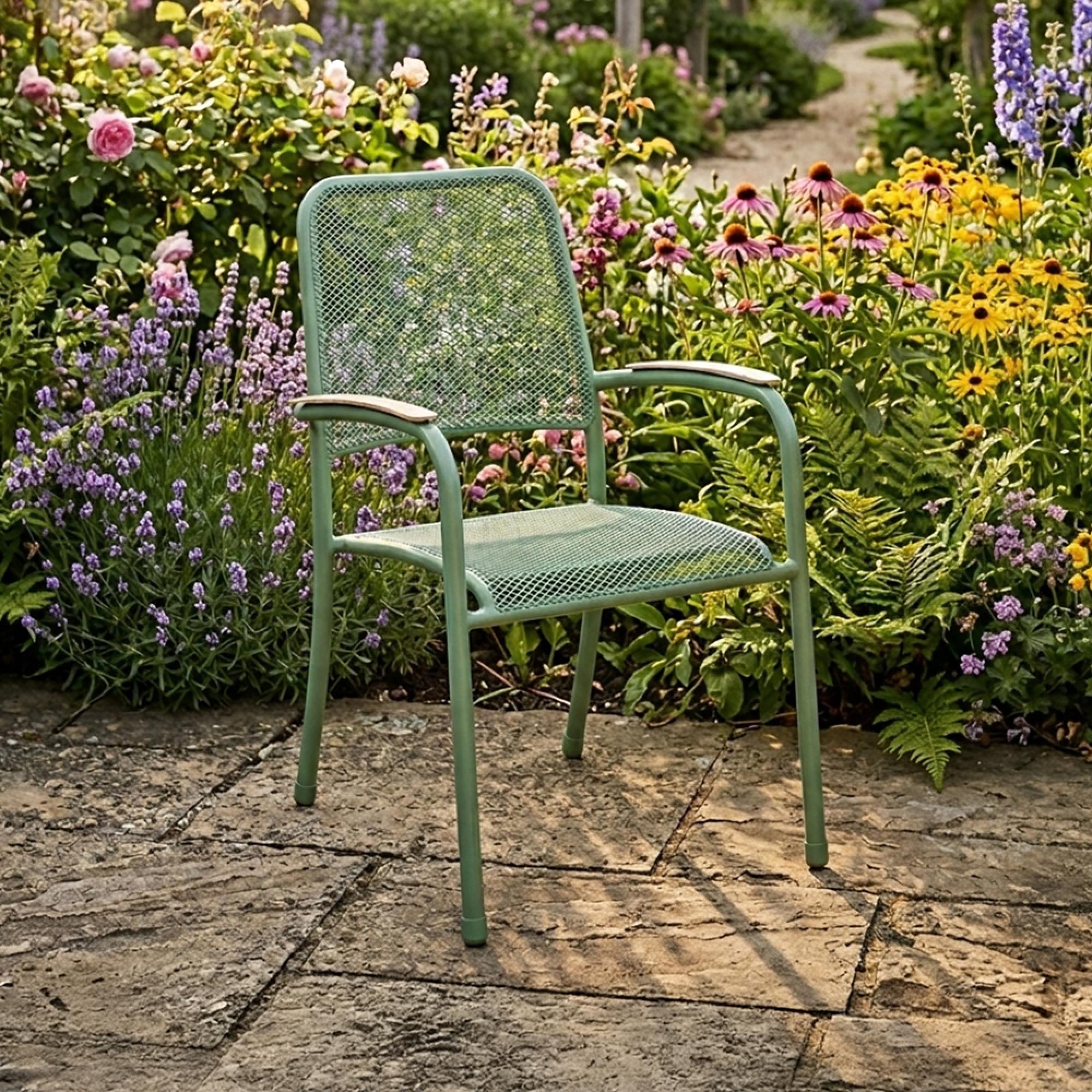 Bergen Garden Bistro Set - Round - Green Metal - 2 Stacking Armchairs