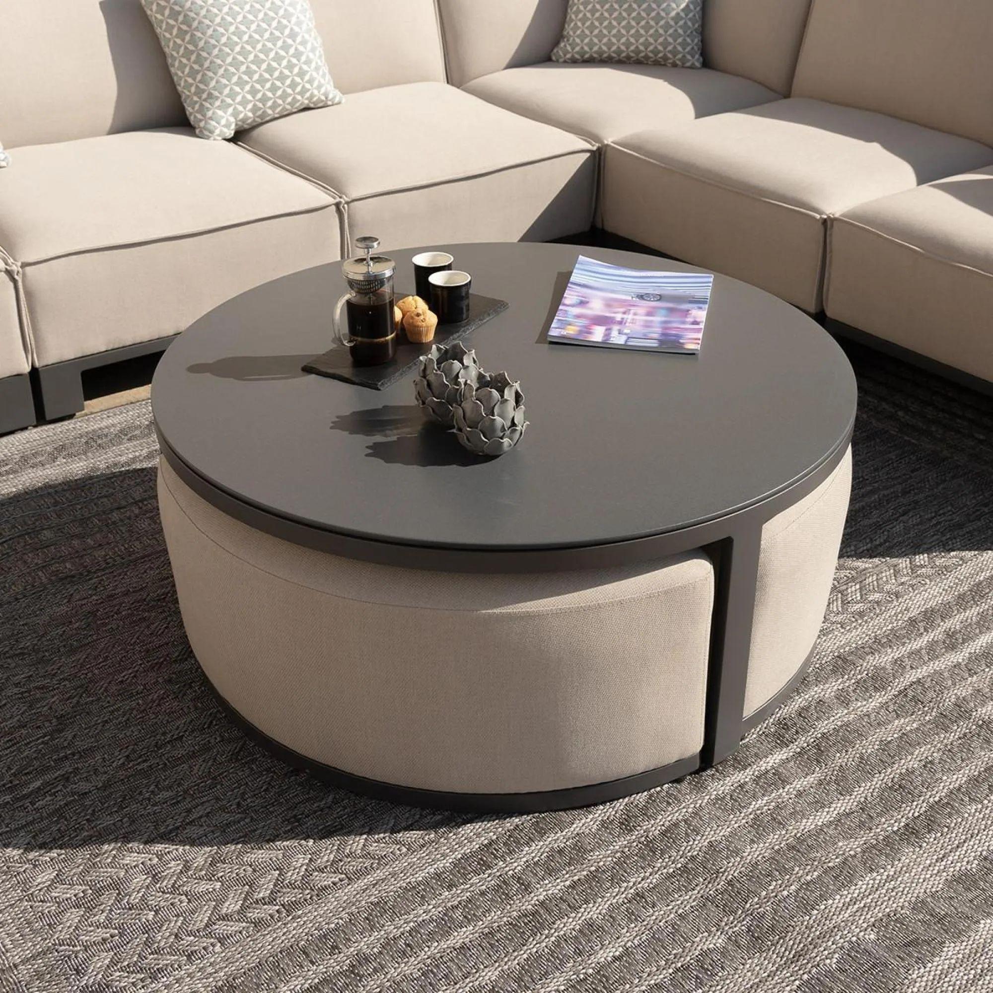 Garden Coffee Table - Round - Aluminium - Oatmeal - with Footstools