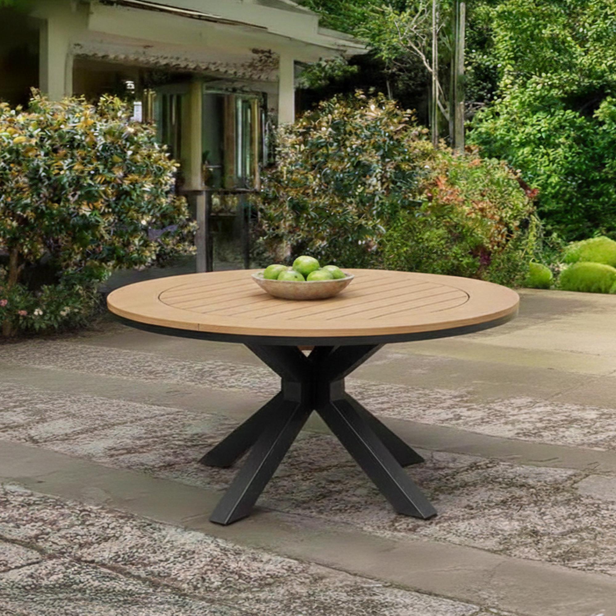 Tuscany Garden Round Dining Table - 6 Seater - 150cm - Teak Wood - Black Cross Leg