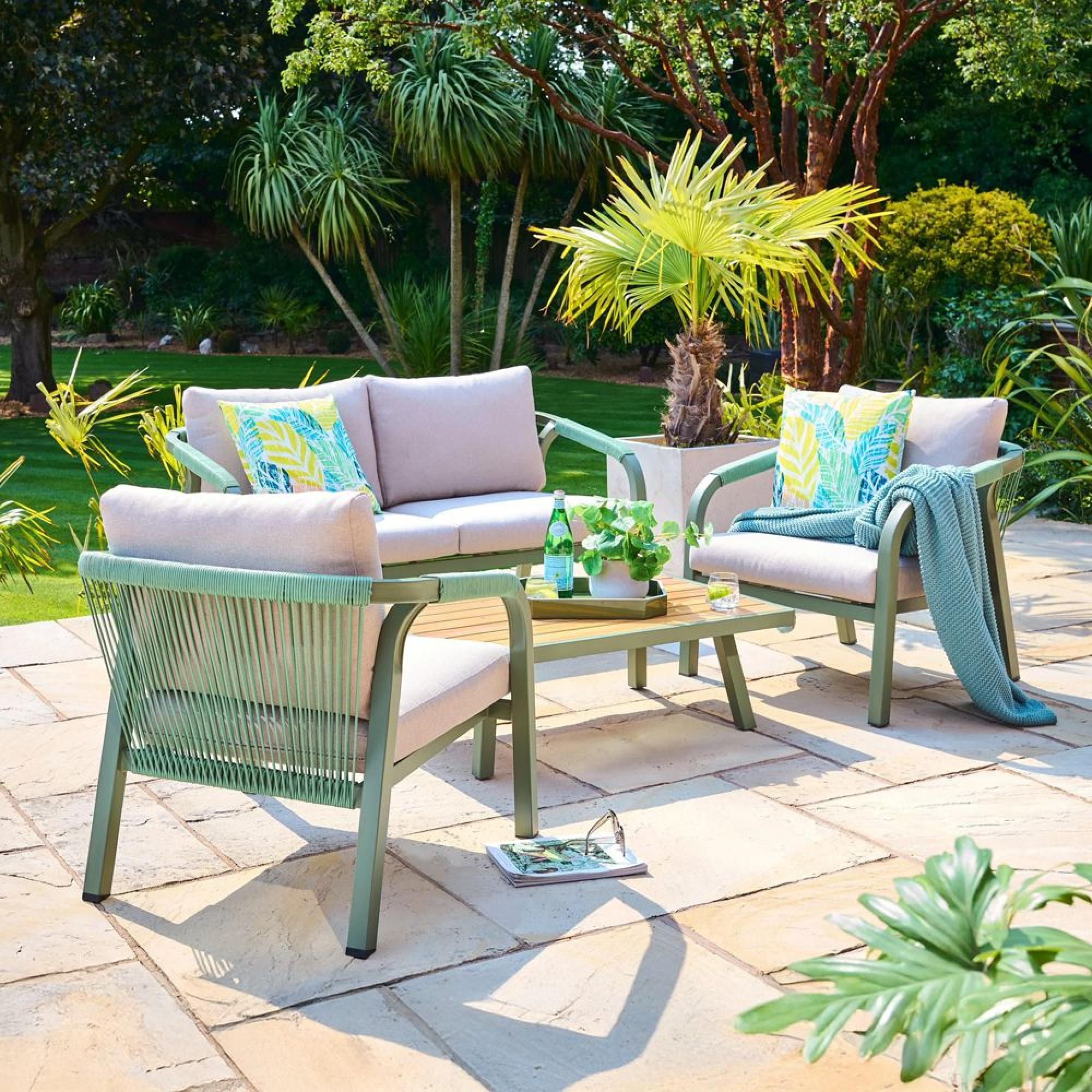 Genoa Garden Lounge Set - 4 Seater - with Coffee Table - Olive Green and Timber Wood