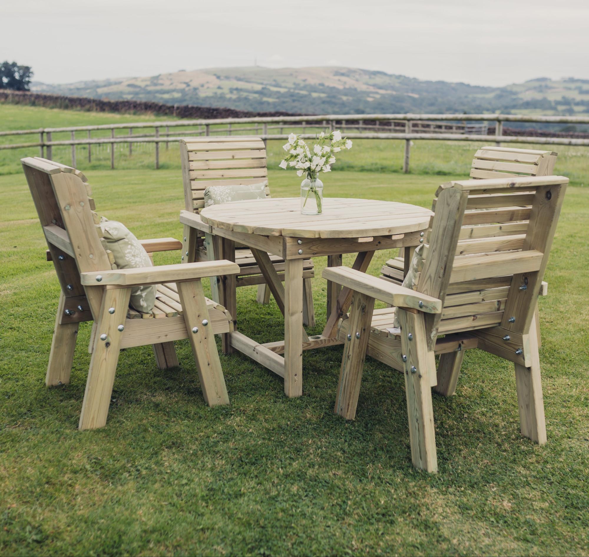 Churnet Valley Ergo Timber Wood 4 Seater Round Garden Dining Set
