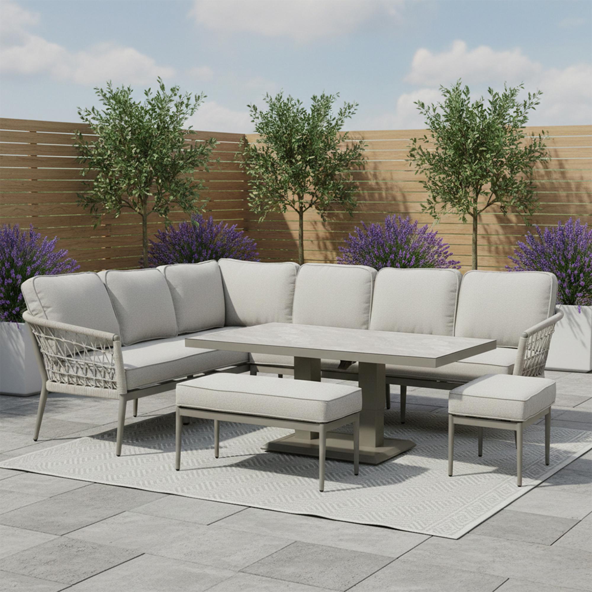 Monaco Corner Garden Dining Set - Rising Table - Cool Linen