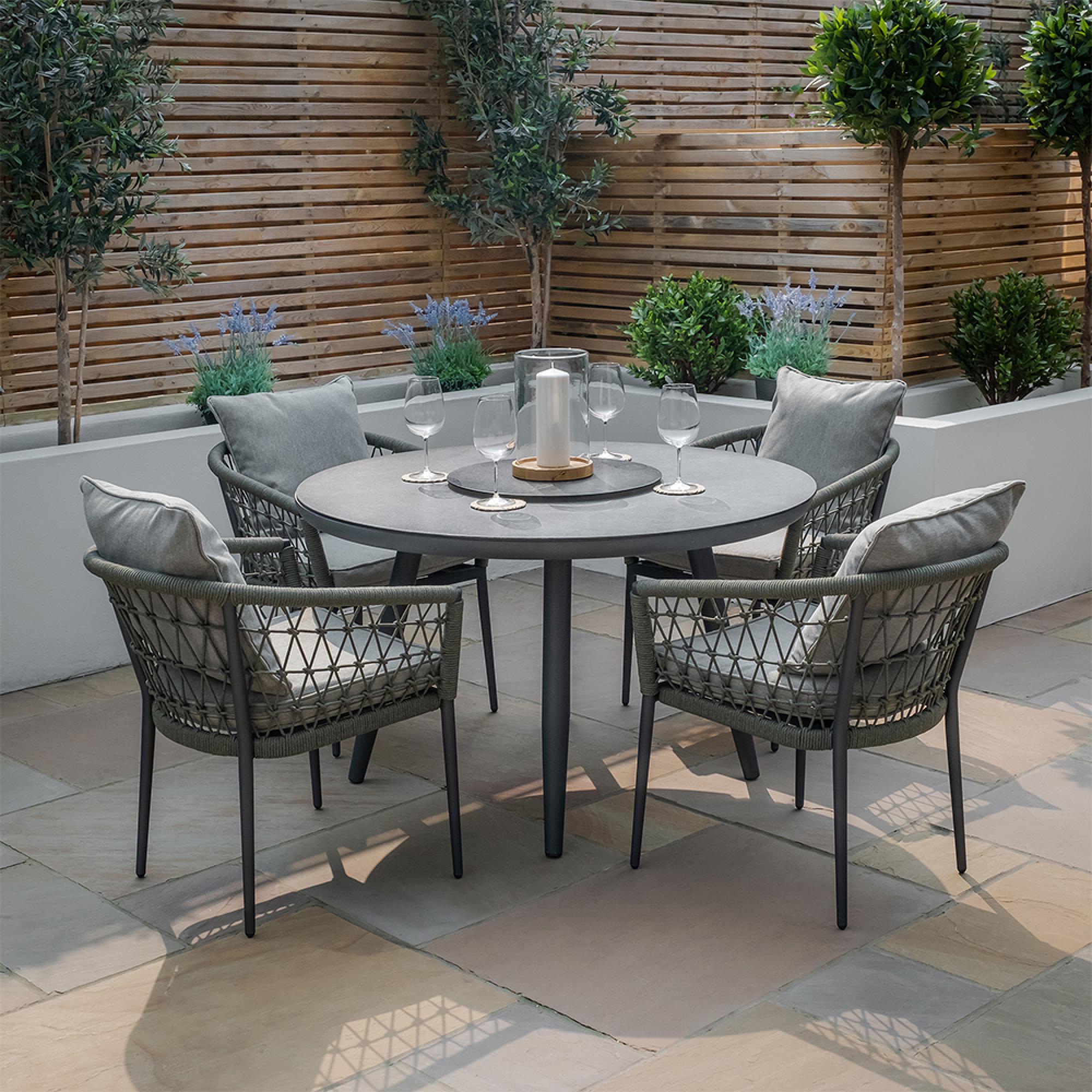 Monaco Round Garden Dining Set - 4 Seater - 120cm - Lazy Susan - Ivy Green