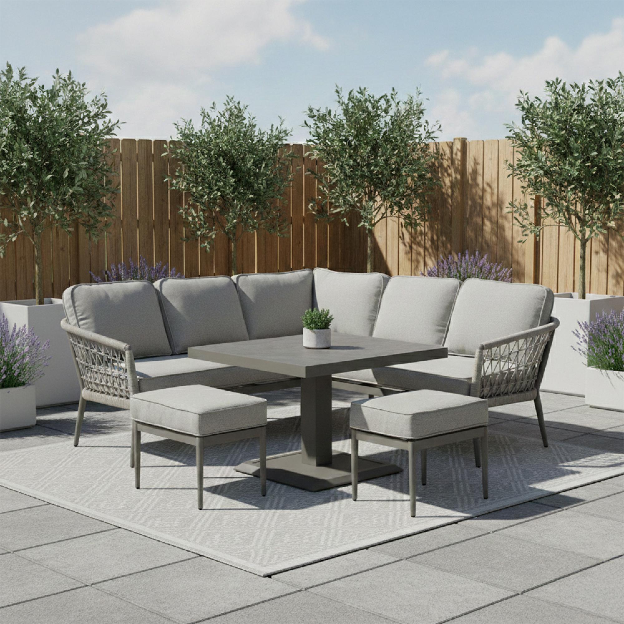 Monaco Square Corner Garden Dining Set - Rising Table - Cool Linen