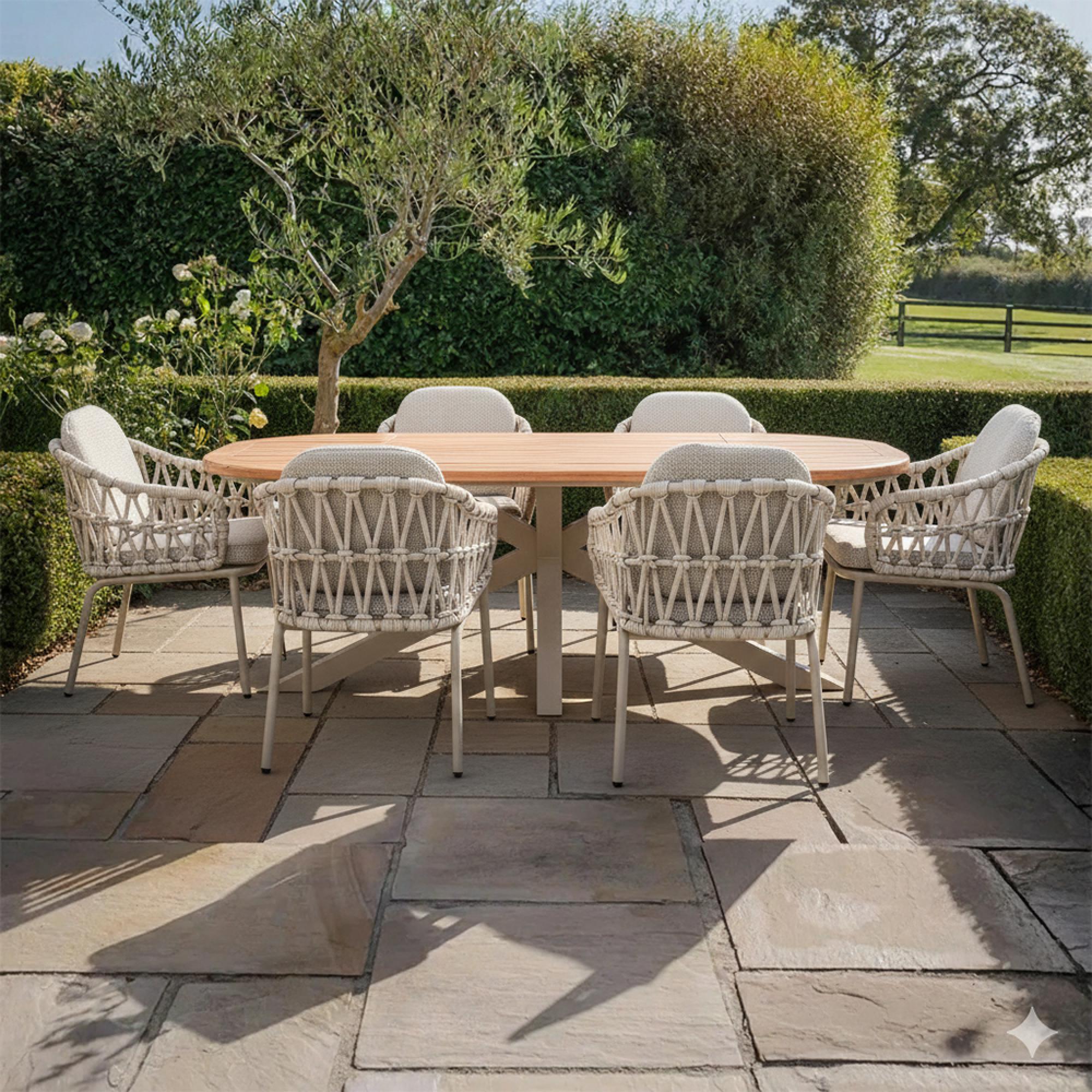Sicily Garden Dining Set - 6 Seater - 210cm - with Rope Chairs - Latte