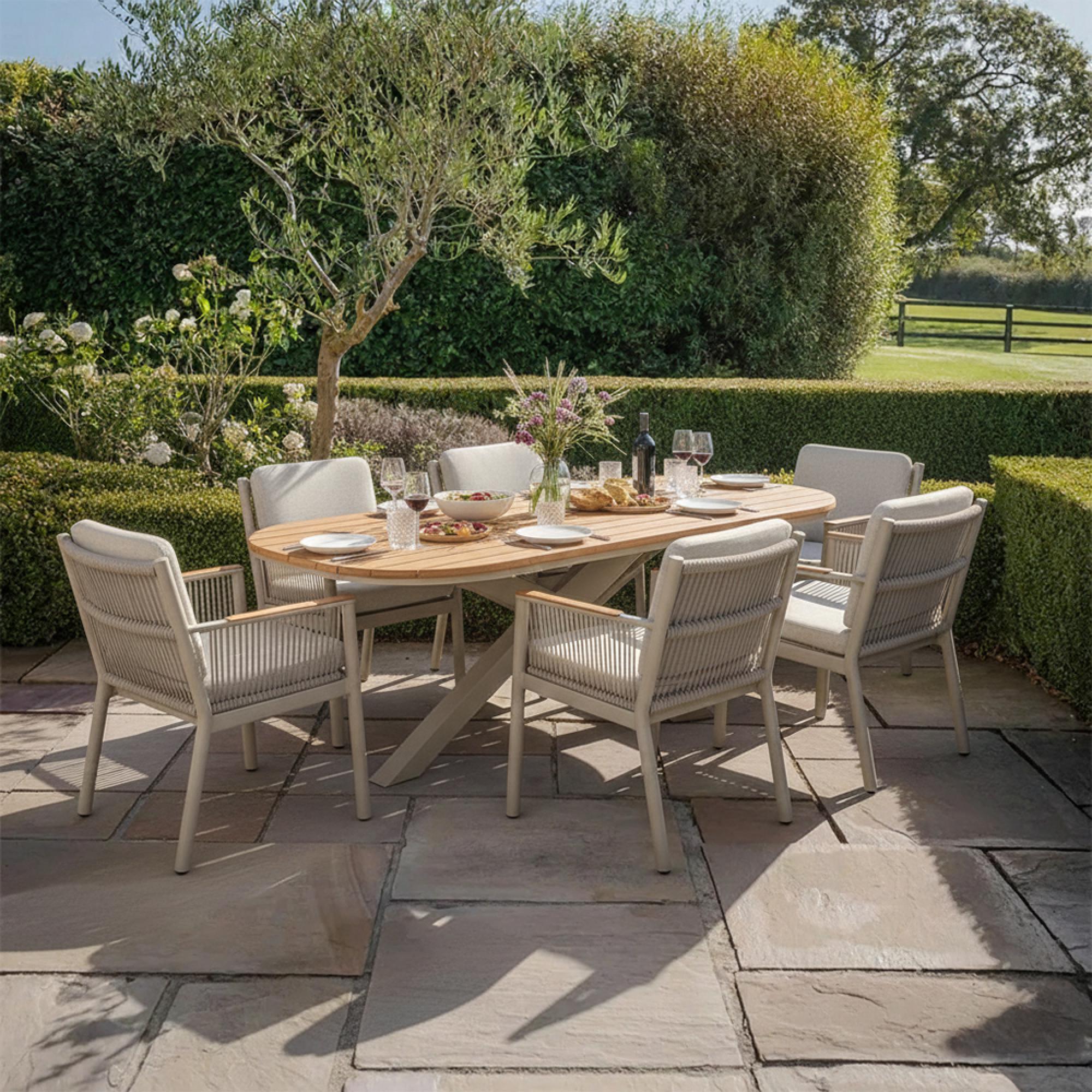 Sicily Garden Dining Set - 6 Seater - 210cm - with Teak Arms Chairs - Latte