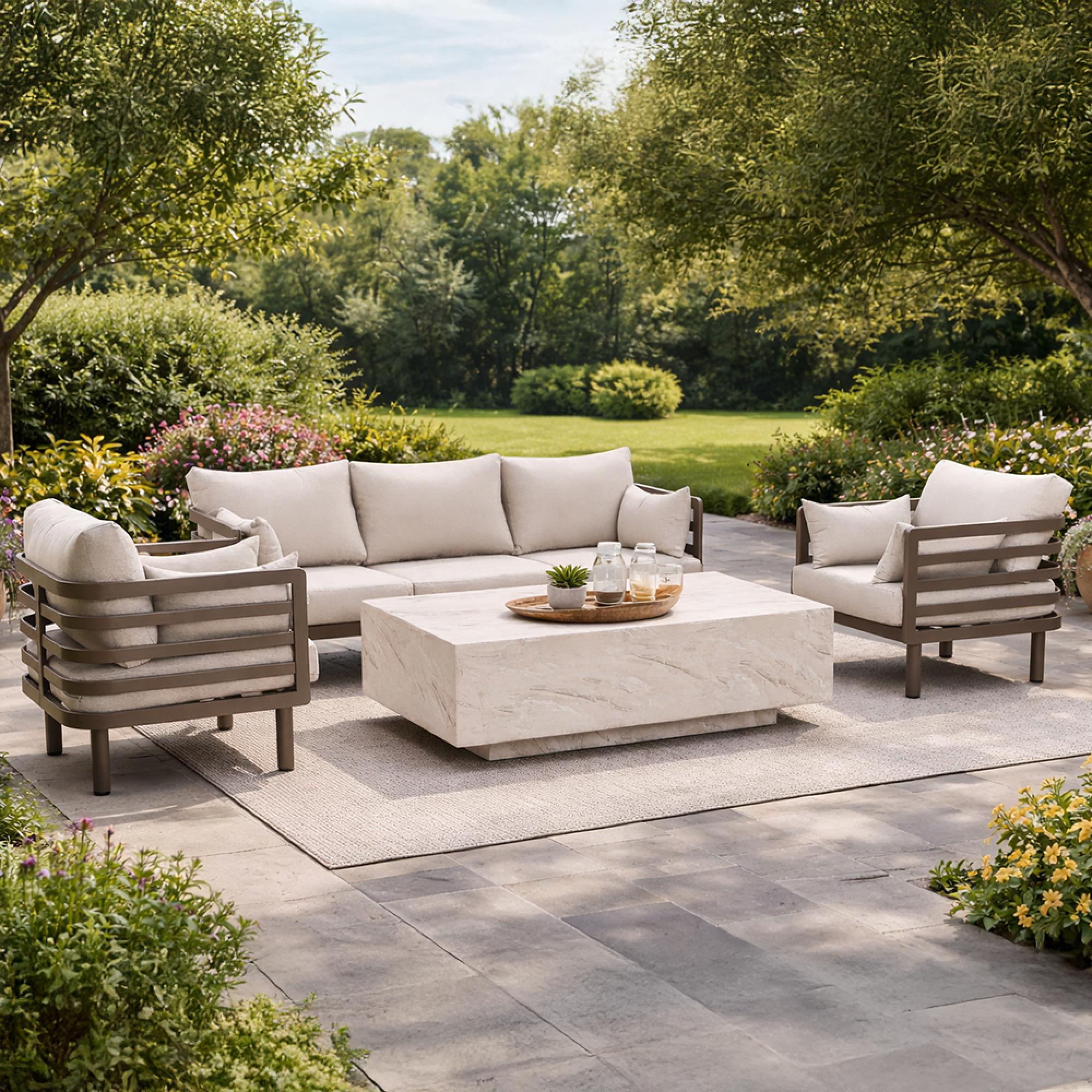 Metro Garden Sofa Set - 3 Seater - Coffee Table - Sintered Stone Top - Cafe