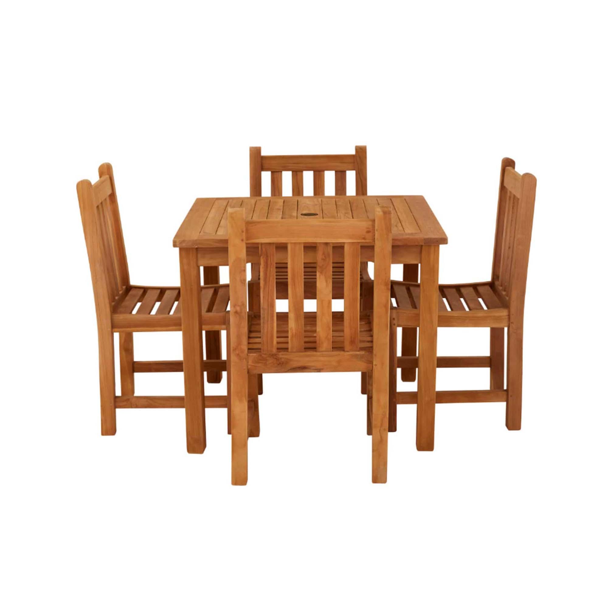 Marbrook Outdoor Teak Table 90cm x 90cm and 4 Malvern Side Chairs
