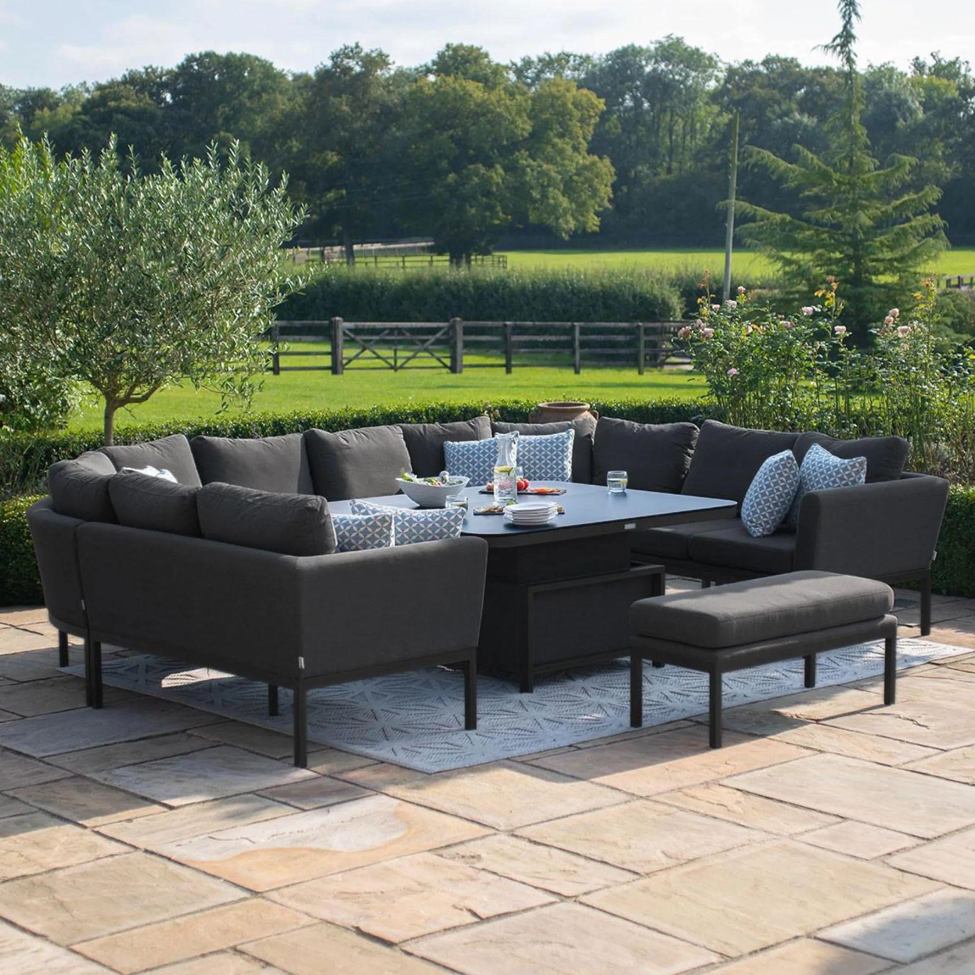 Pulse U Shape Corner Garden Dining Sofa Set - Rising Table - with Bench - Charcoal