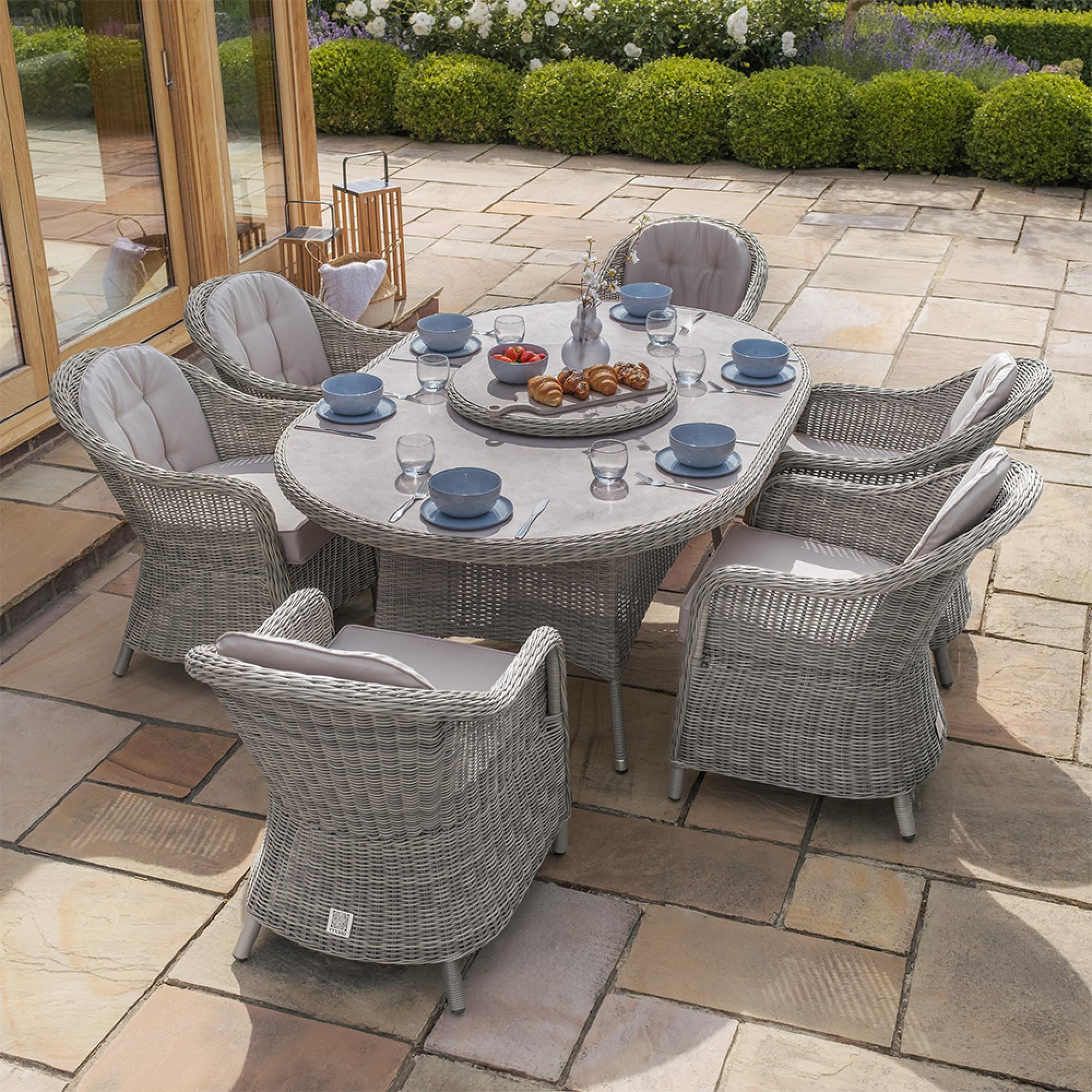 Oxford Heritage Oval Garden Dining Set - 6 Seater - 120cm - Lazy Susan & Ice Bucket - Ceramic Top - Grey Rattan
