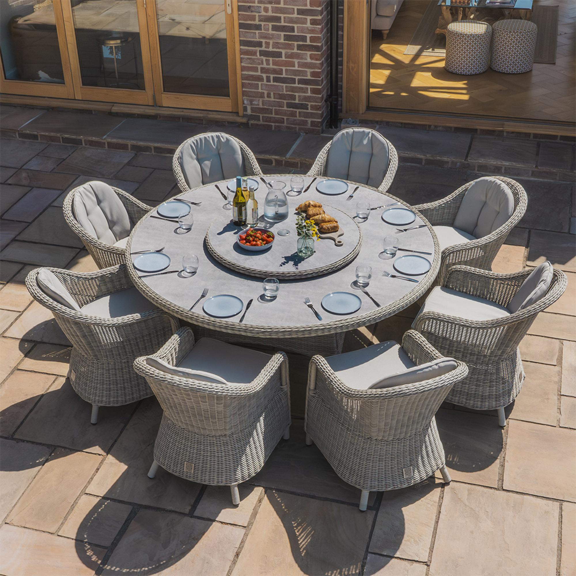 Oxford Heritage Round Garden Dining Set - 8 Seater - 180cm - Lazy Susan & Ice Bucket - Ceramic Top - Grey Rattan