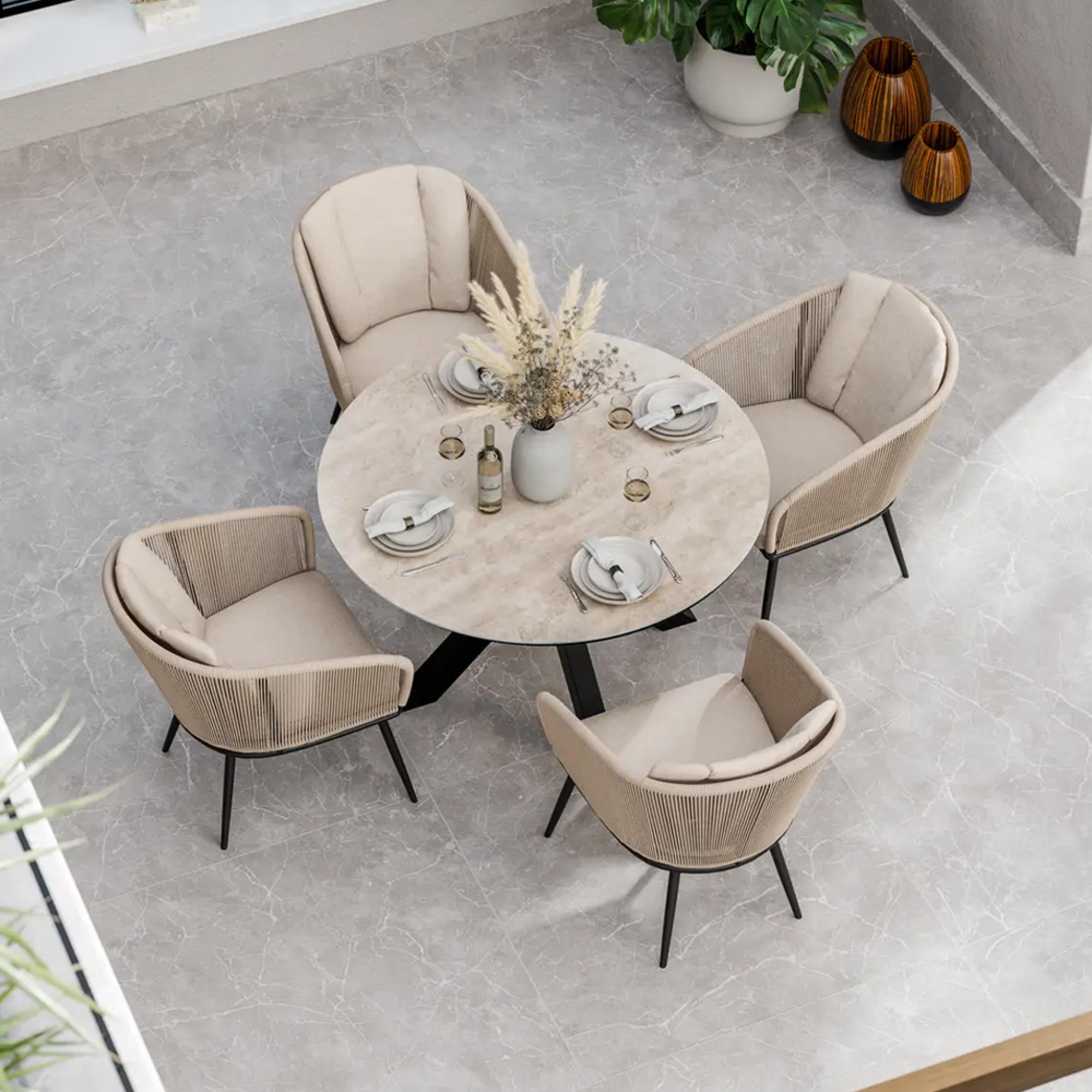 Bali Dining Set - 4 Seater - 120cm - Round - Ceramic Top - 4 Rope Chairs