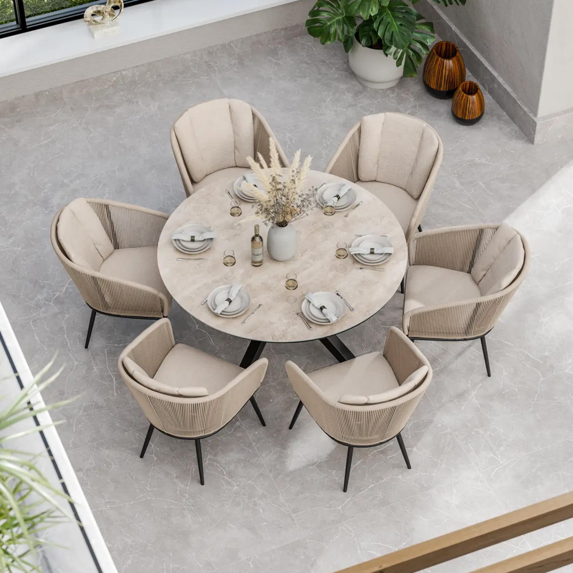 Bali Dining Set - 6 Seater - 150cm - Round - Ceramic Top - 6 Rope Chairs