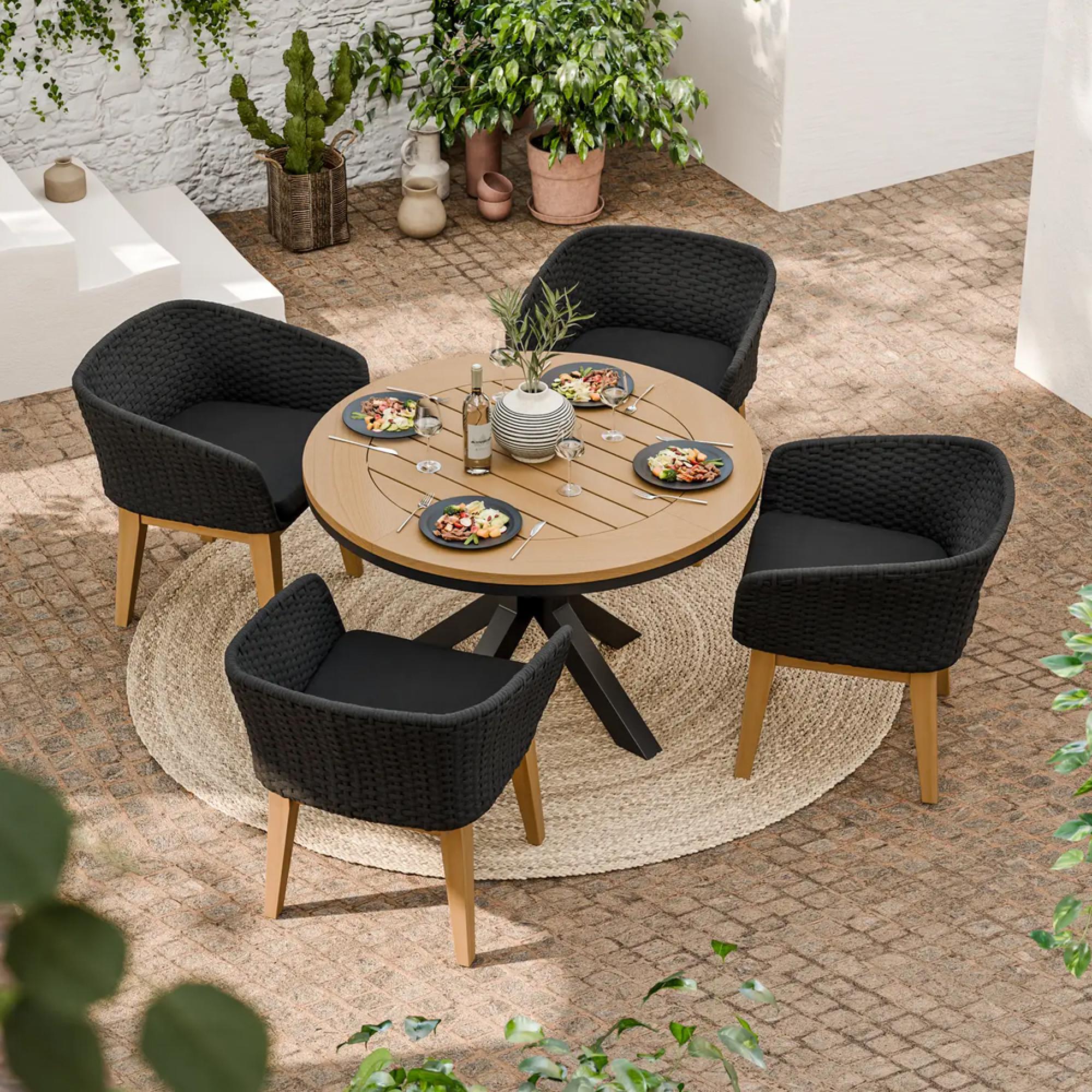 Tuscany Garden Dining Set - 4 Seater - 120cm - Round - Teak Wood - 4 Eden Night Chairs