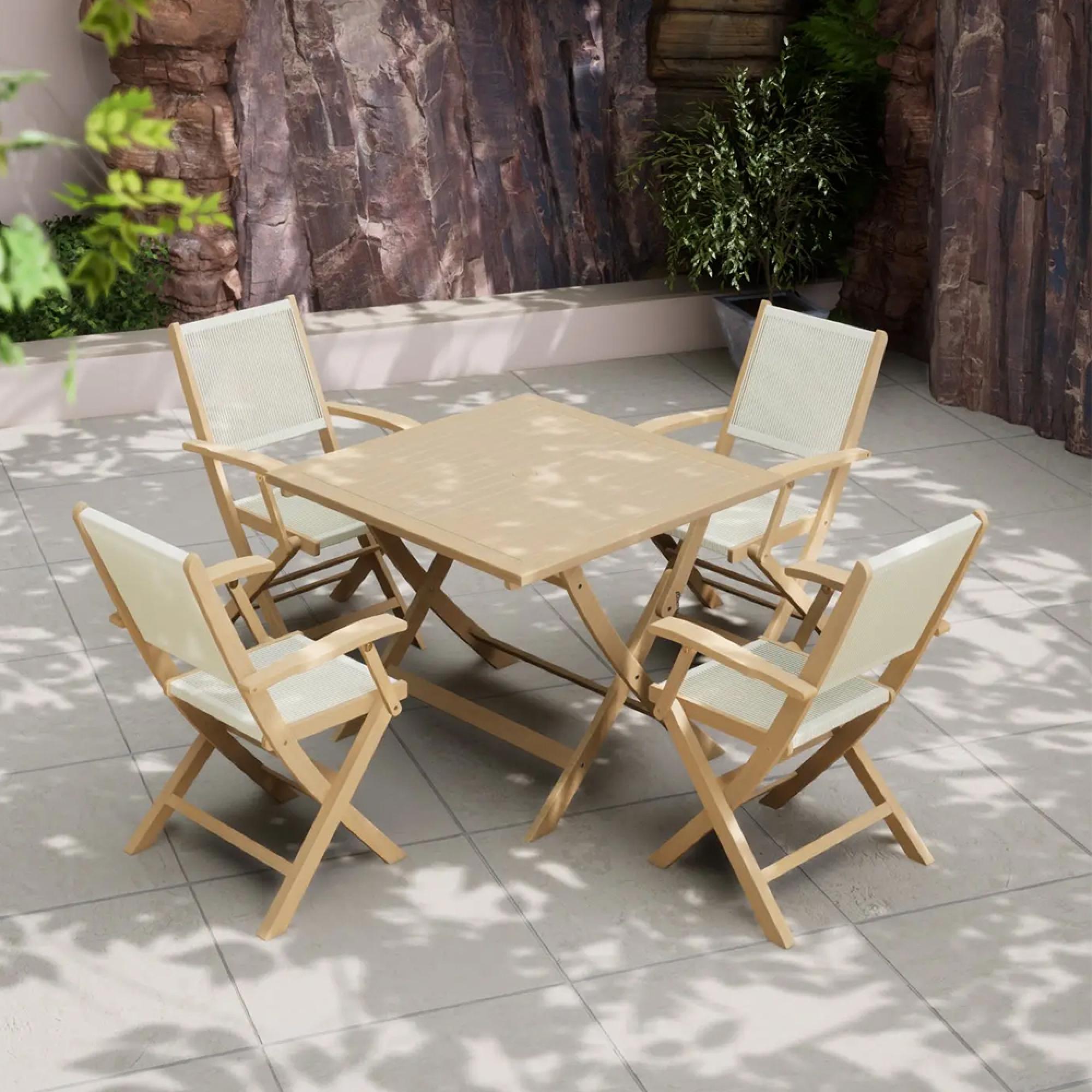 London Garden Dining Set - 4 Seater - 90cm - Square - Folding - Acacia Wood - 4 Rope Folding Armchairs