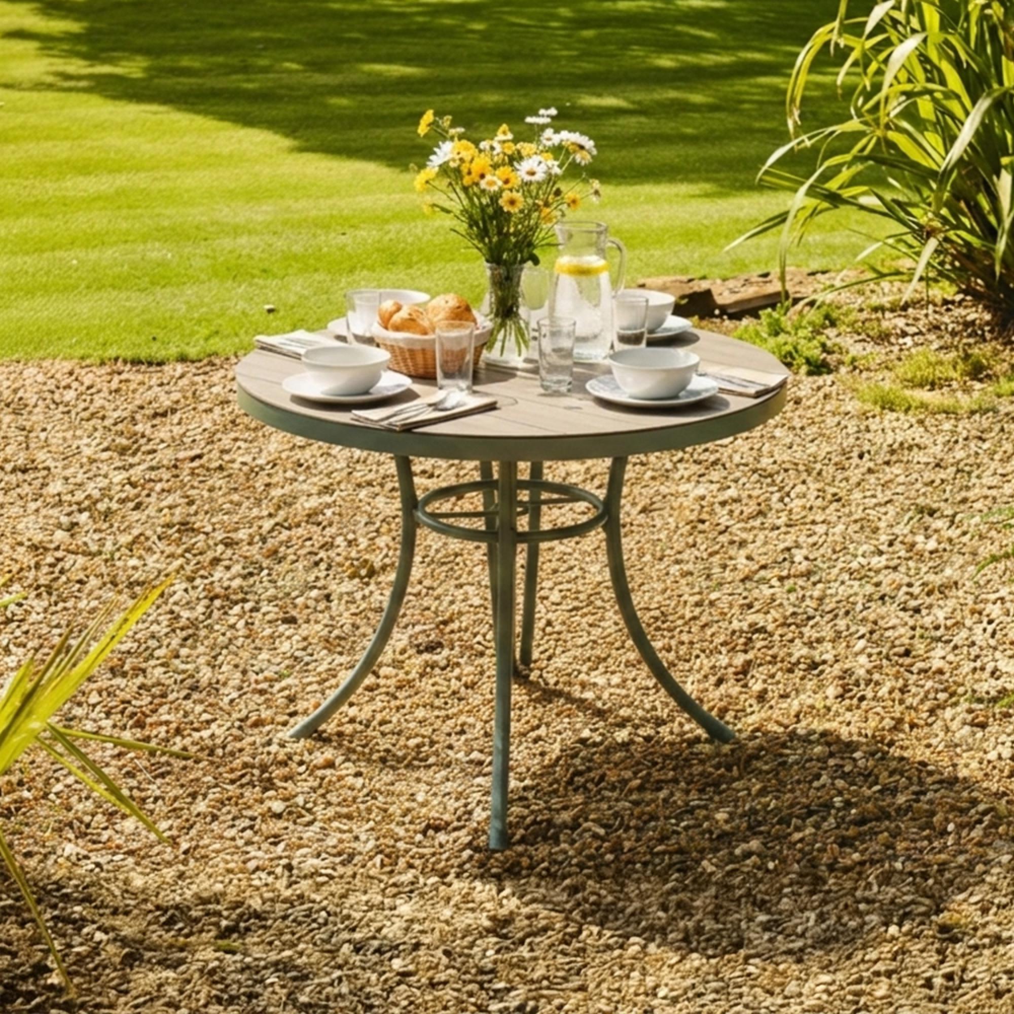 Bergen Garden Round Dining Set - 4 Seater - 105cm - Green Metal - 4 Stacking Armchairs