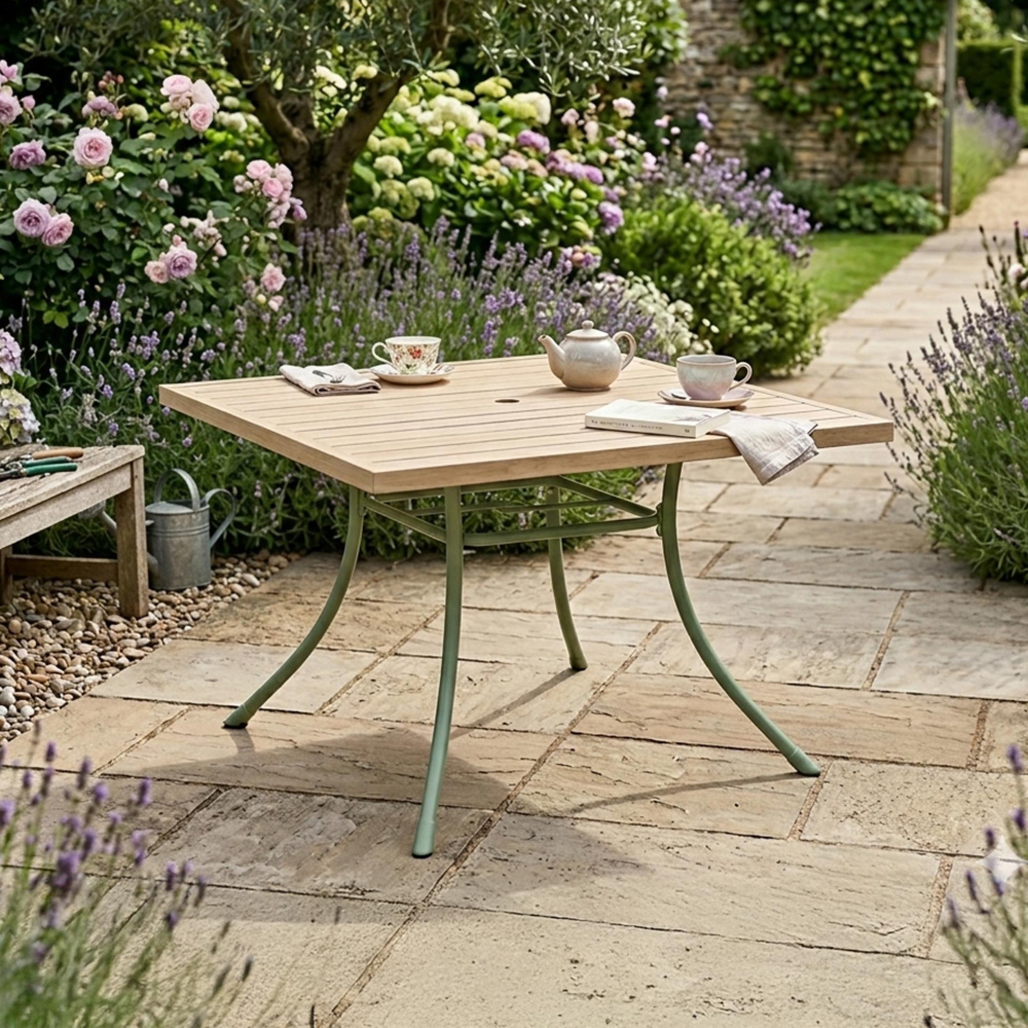 Bergen Garden Square Dining Set - 4 Seater - 110cm - Green Metal - 4 Stacking Armchairs